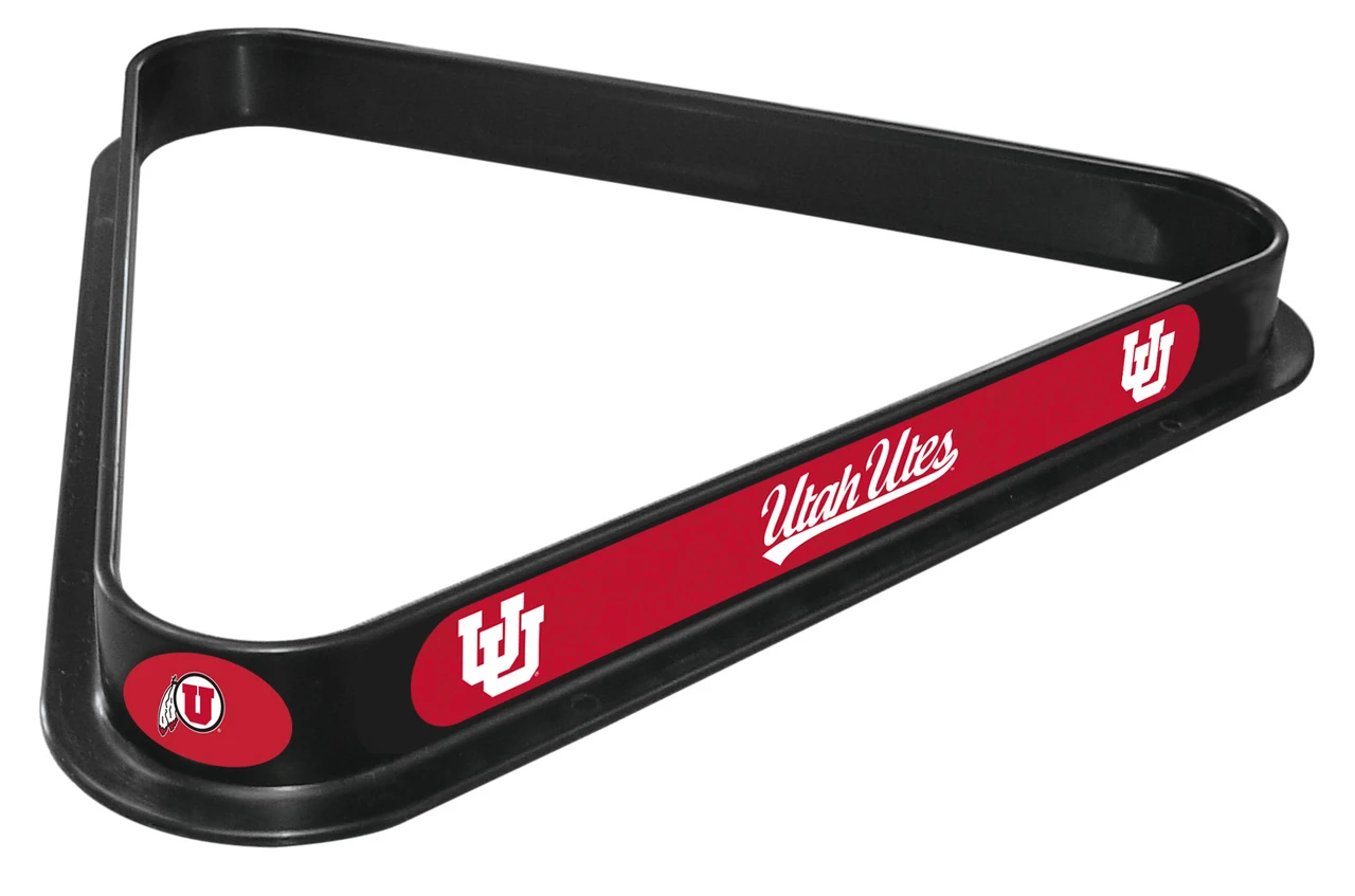 Utah Utes billiard triangle featuring a black frame with bright red Utah lettering, Utes team graphics, and red and white collegiate accents, shown at an angle on a white background.