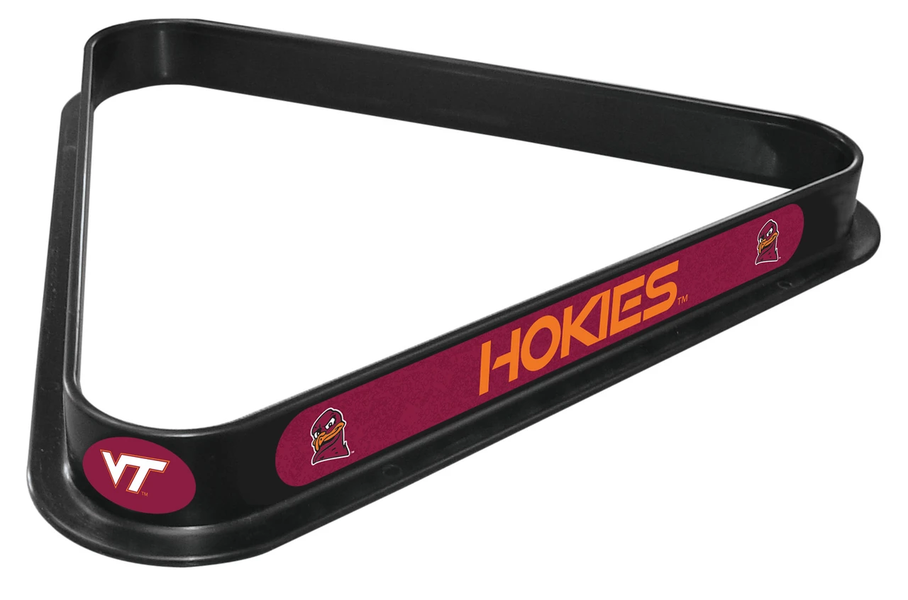 Virginia Tech Hokies billiard triangle featuring a black frame with maroon and orange Virginia Tech graphics, VT logos, and Hokies lettering, shown at an angle on a white background.
