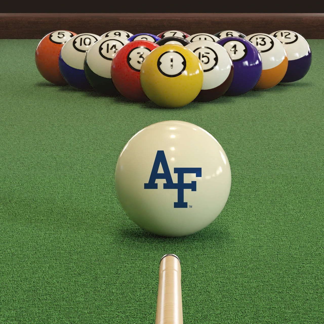 Air Force Falcons cue ball positioned on green pool table felt in front of a racked set of billiard balls, featuring the blue AF logo with a pool cue lined up for the break.