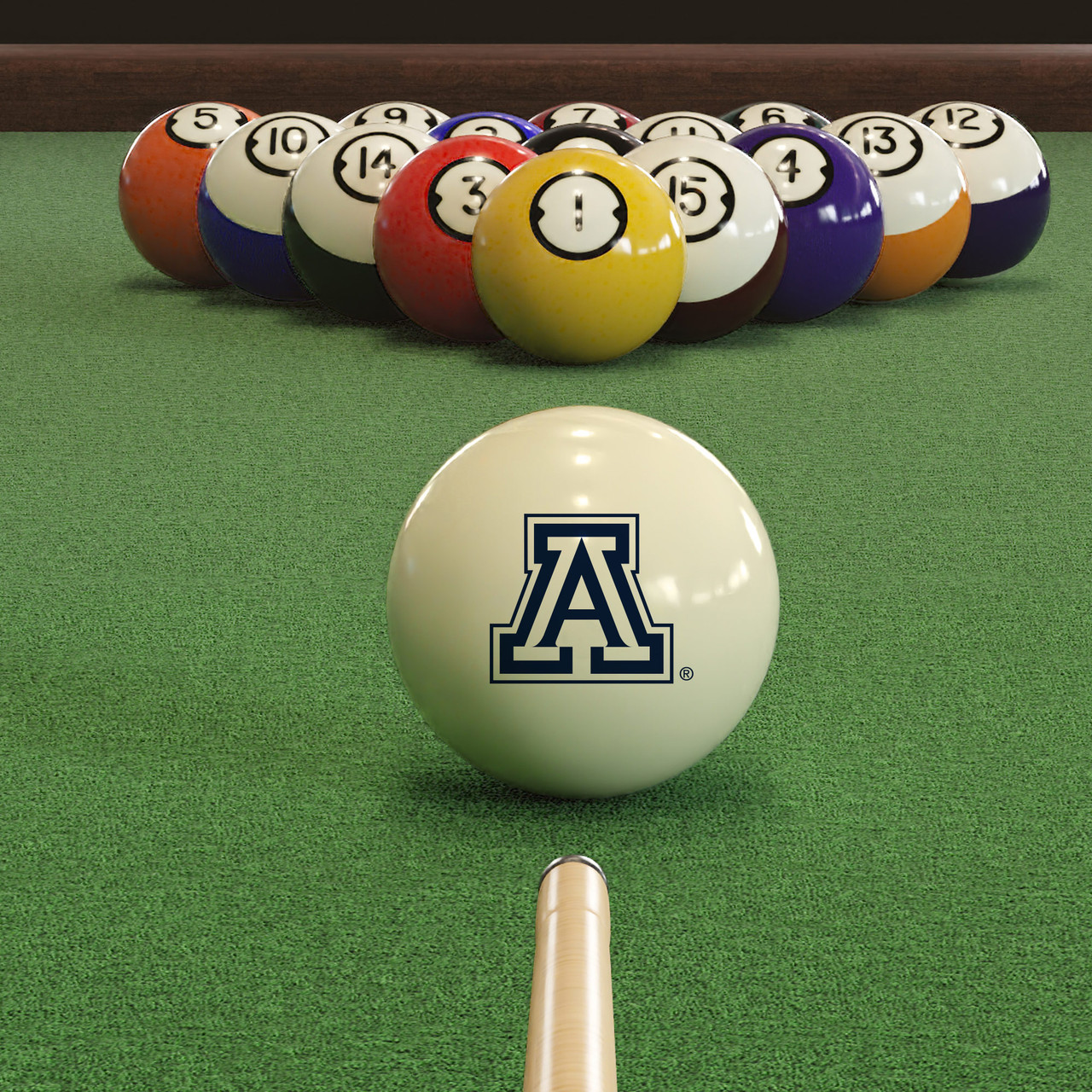 Arizona Wildcats cue ball positioned on green pool table felt in front of a racked set of billiard balls, featuring the Arizona Block “A” logo with a pool cue lined up for the break.