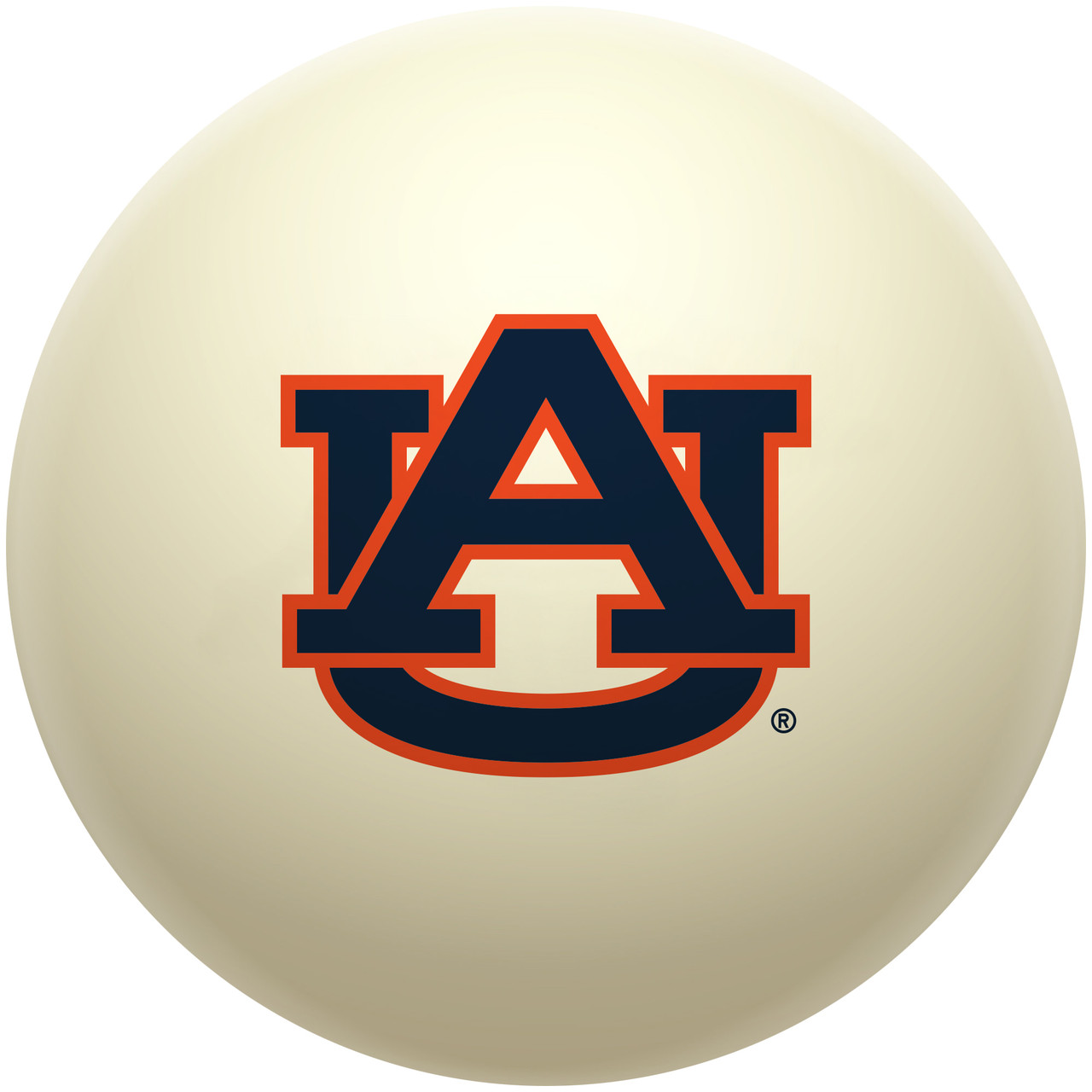 Auburn Tigers cue ball featuring the iconic interlocking AU logo in navy blue and orange on a classic ivory-colored billiard ball, displayed individually on a white background.