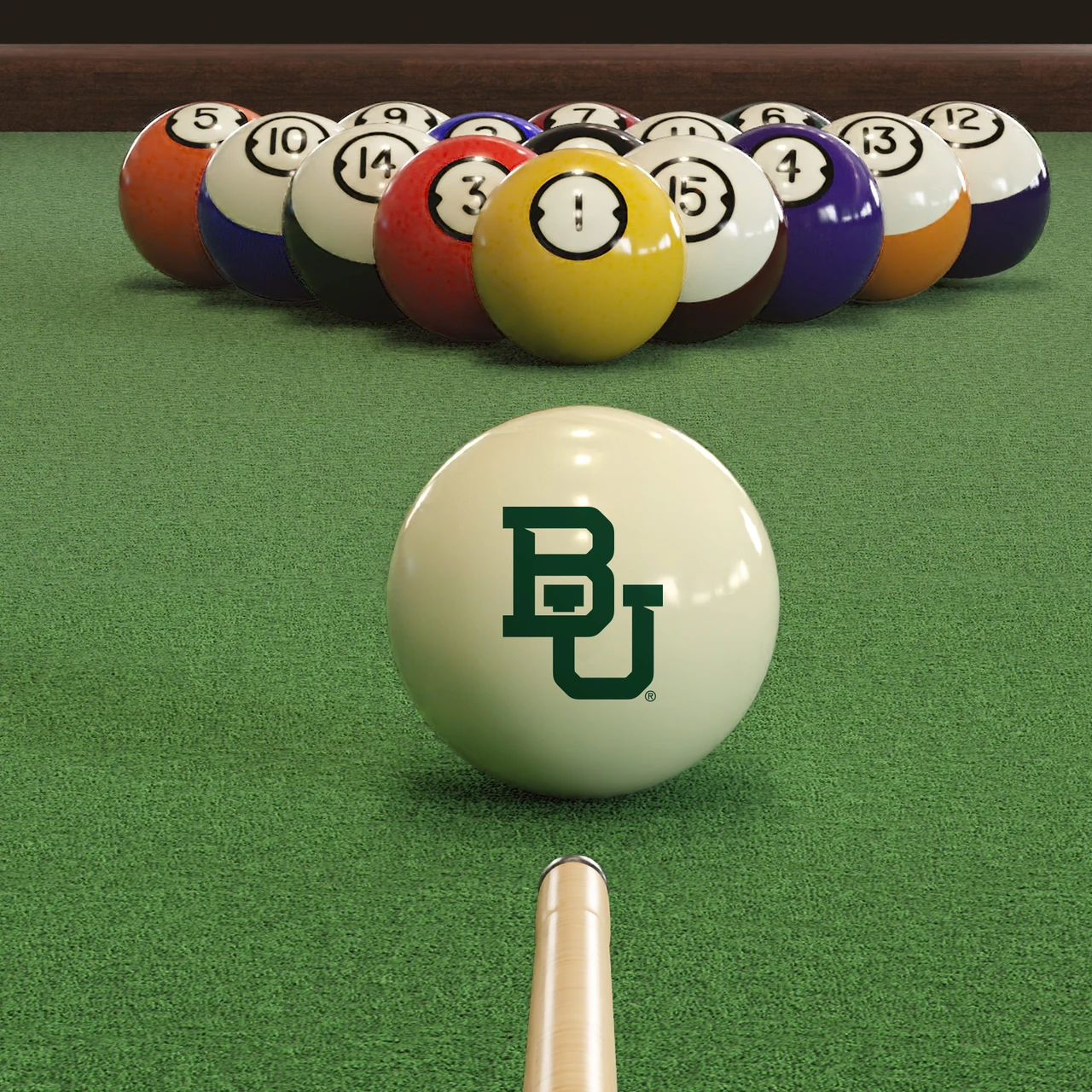 Baylor Bears cue ball positioned on green pool table felt in front of a racked set of billiard balls, featuring the green BU logo with a pool cue lined up for the break.