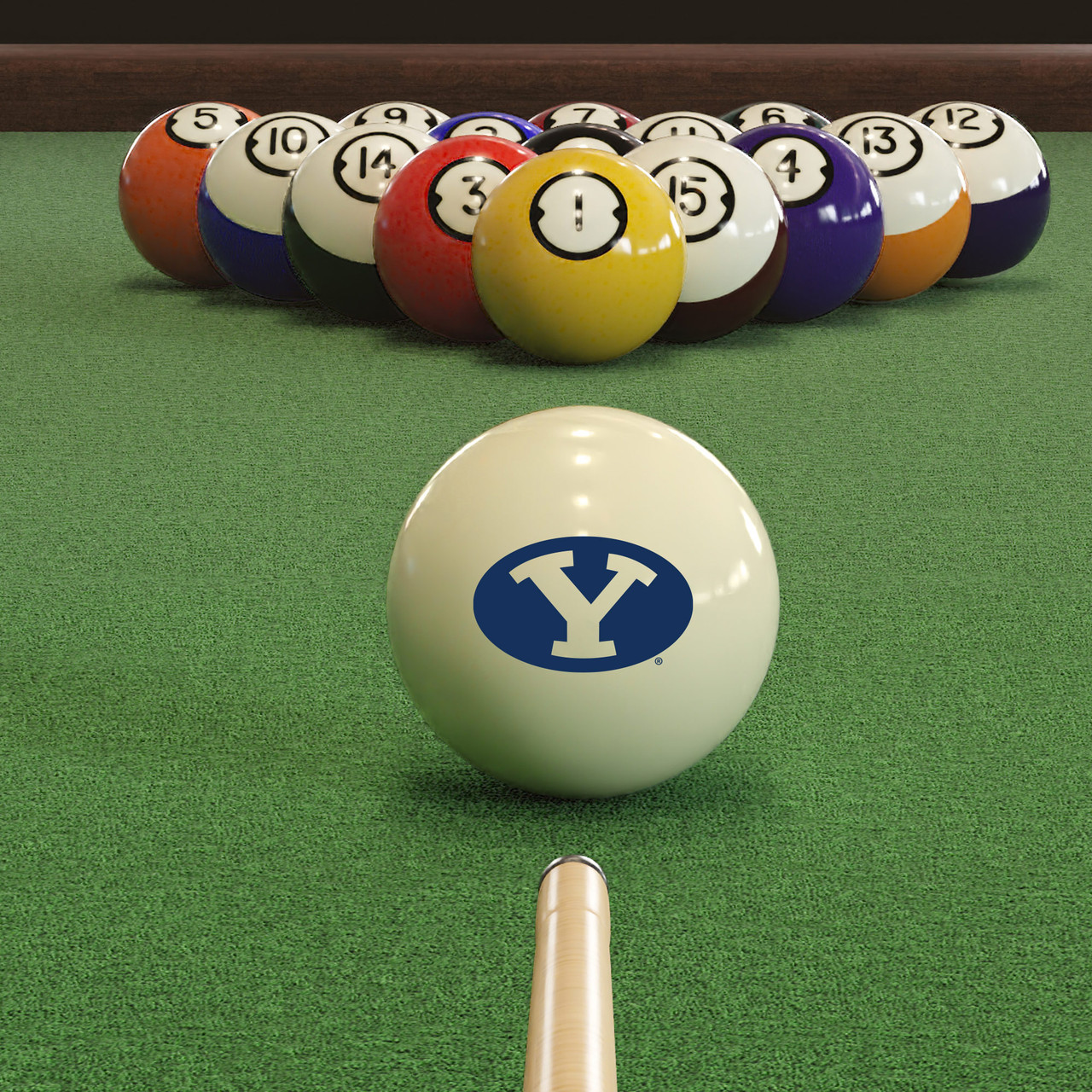 BYU Cougars cue ball positioned on green pool table felt in front of a racked set of billiard balls, featuring the blue and white oval “Y” logo with a pool cue lined up for the break.