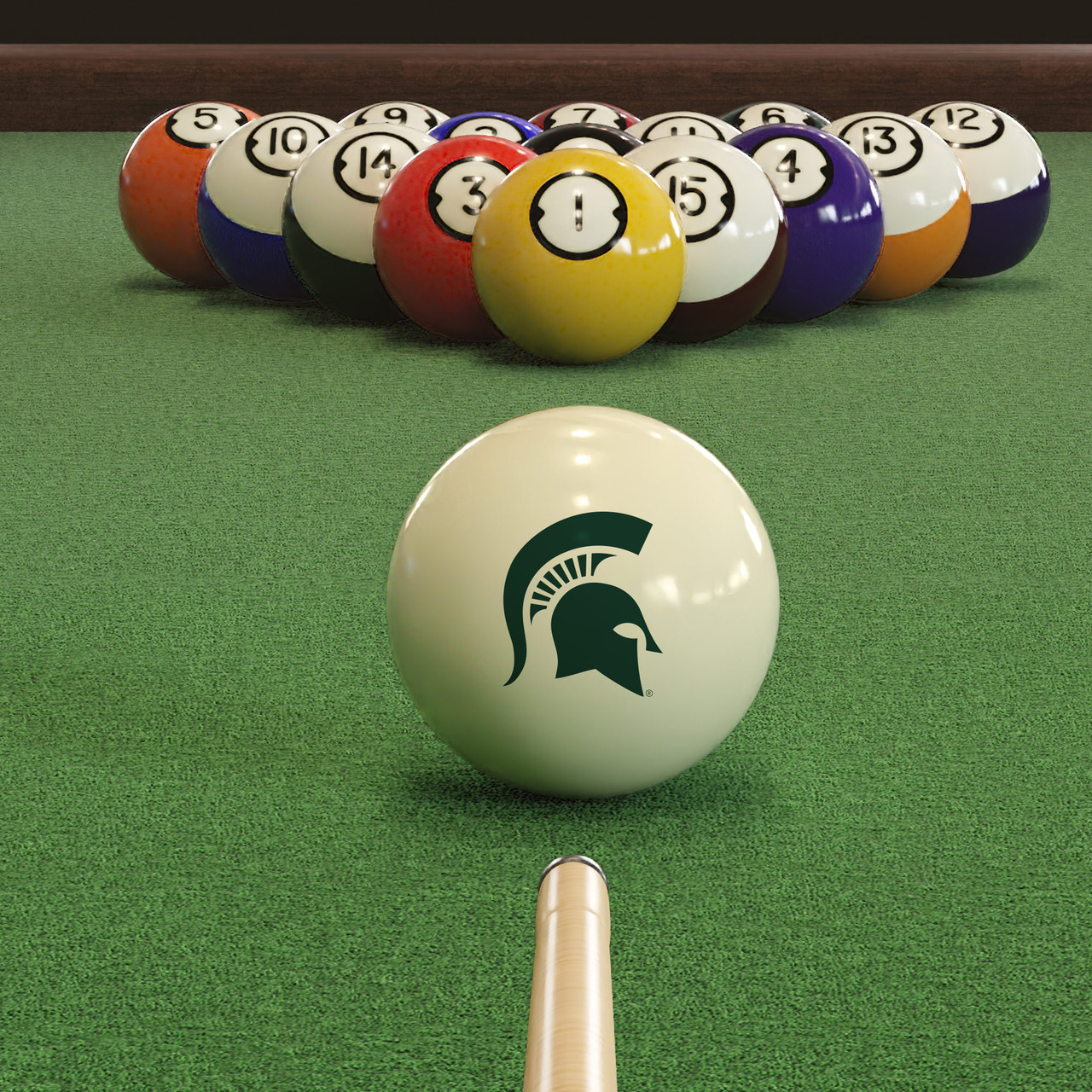 Michigan State Spartans cue ball positioned on green pool table felt in front of a racked set of billiard balls, featuring the green Spartan helmet logo with a pool cue lined up for the break.