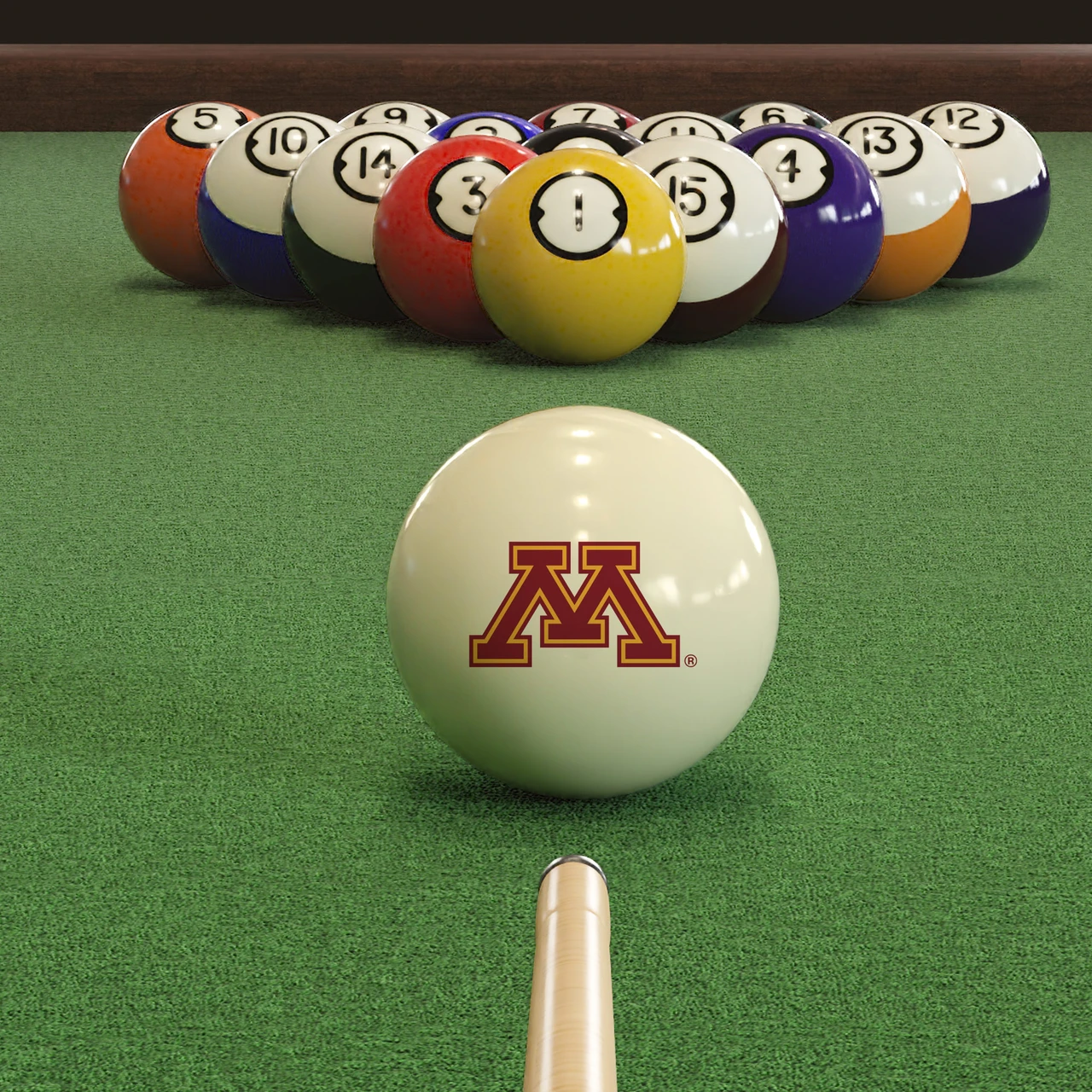 Minnesota Golden Gophers cue ball positioned on green pool table felt in front of a racked set of billiard balls, featuring the maroon and gold Minnesota Block M logo with a pool cue lined up for the break.
