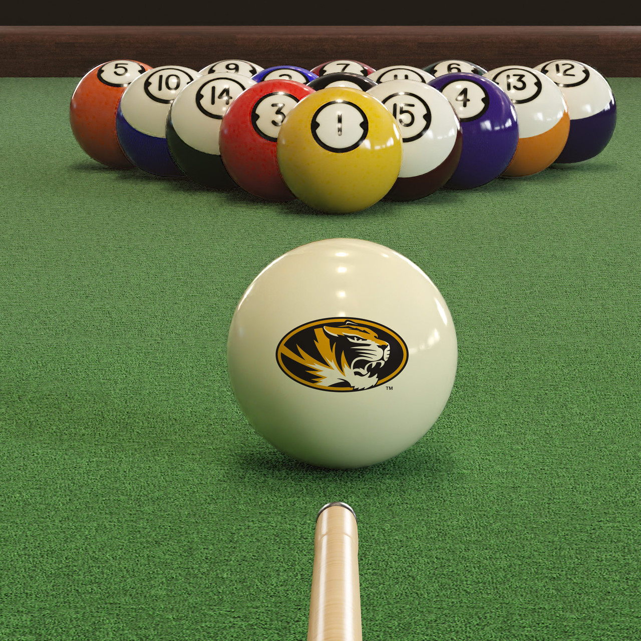Missouri Tigers cue ball positioned on green pool table felt in front of a racked set of billiard balls, featuring the black and gold Missouri Tigers logo with a pool cue lined up for the break.