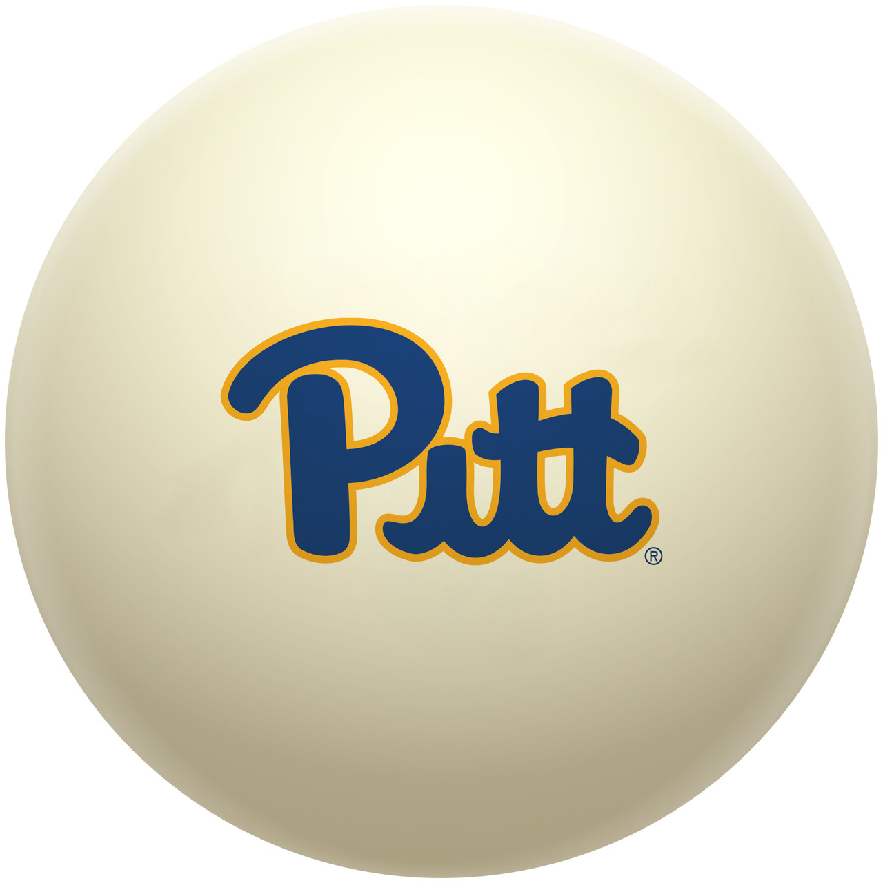 Pittsburgh Panthers cue ball featuring the iconic blue and gold Pitt script logo on a classic ivory-colored billiard ball, displayed individually on a white background.