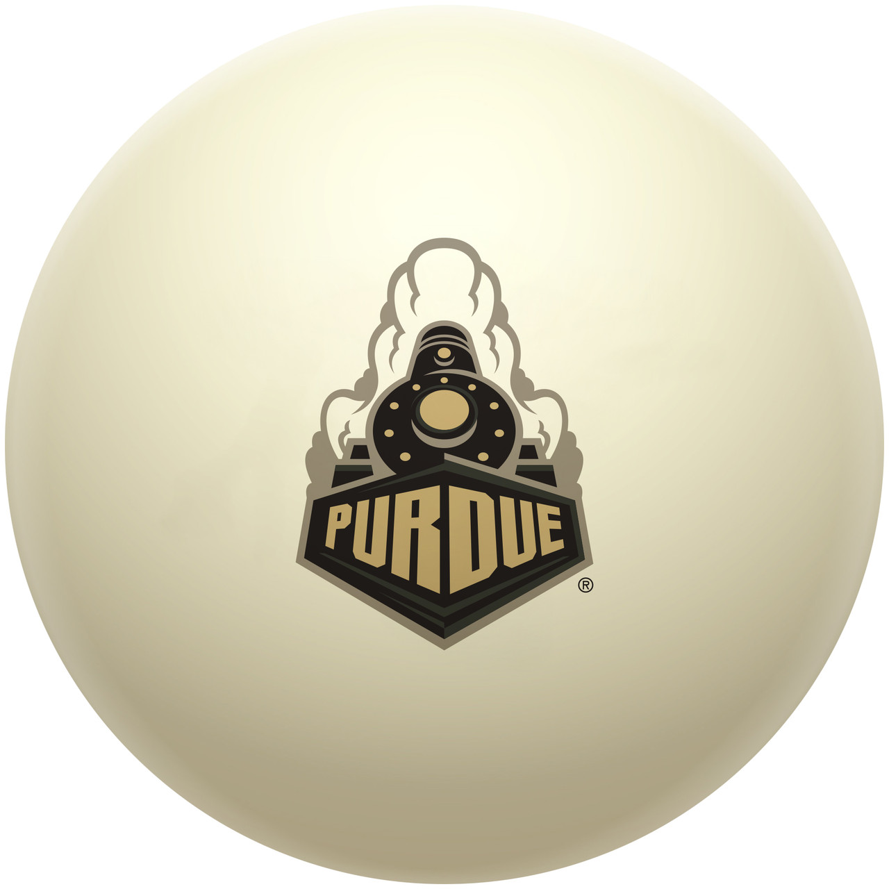 Purdue Boilermakers cue ball featuring detailed black and gold Purdue graphics on a classic ivory-colored billiard ball, displayed individually on a white background.