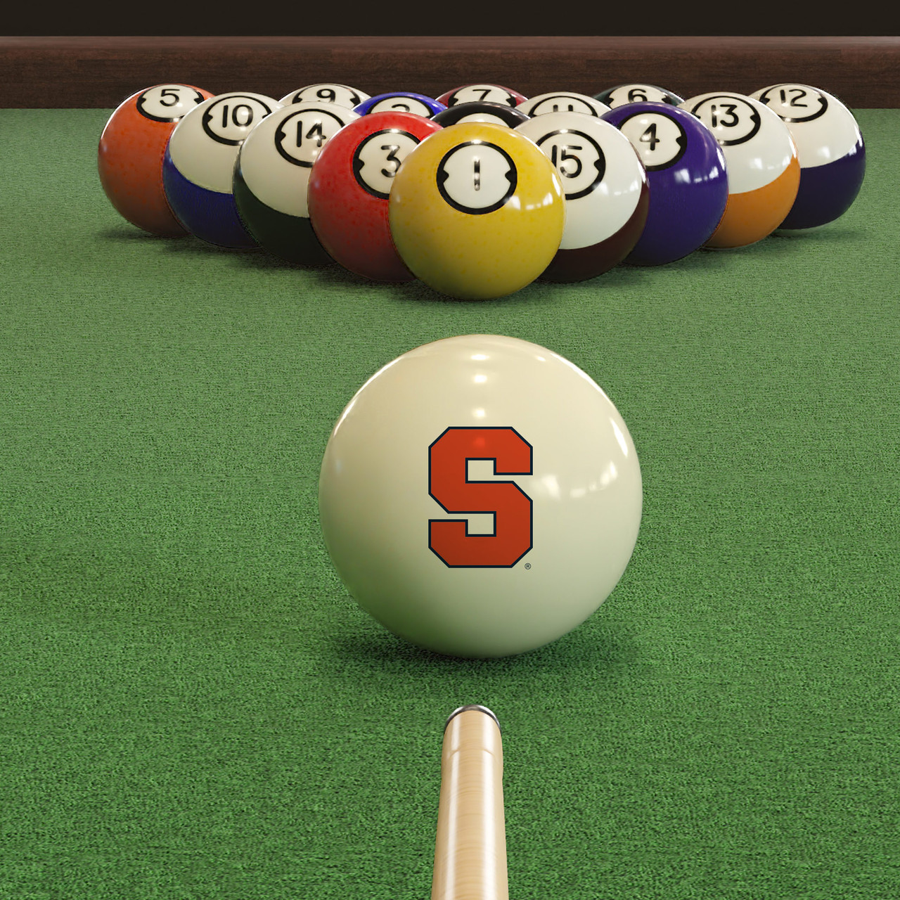 Syracuse Orange cue ball positioned on green pool table felt in front of a racked set of billiard balls, featuring the Syracuse Block S logo with a pool cue lined up for the break.