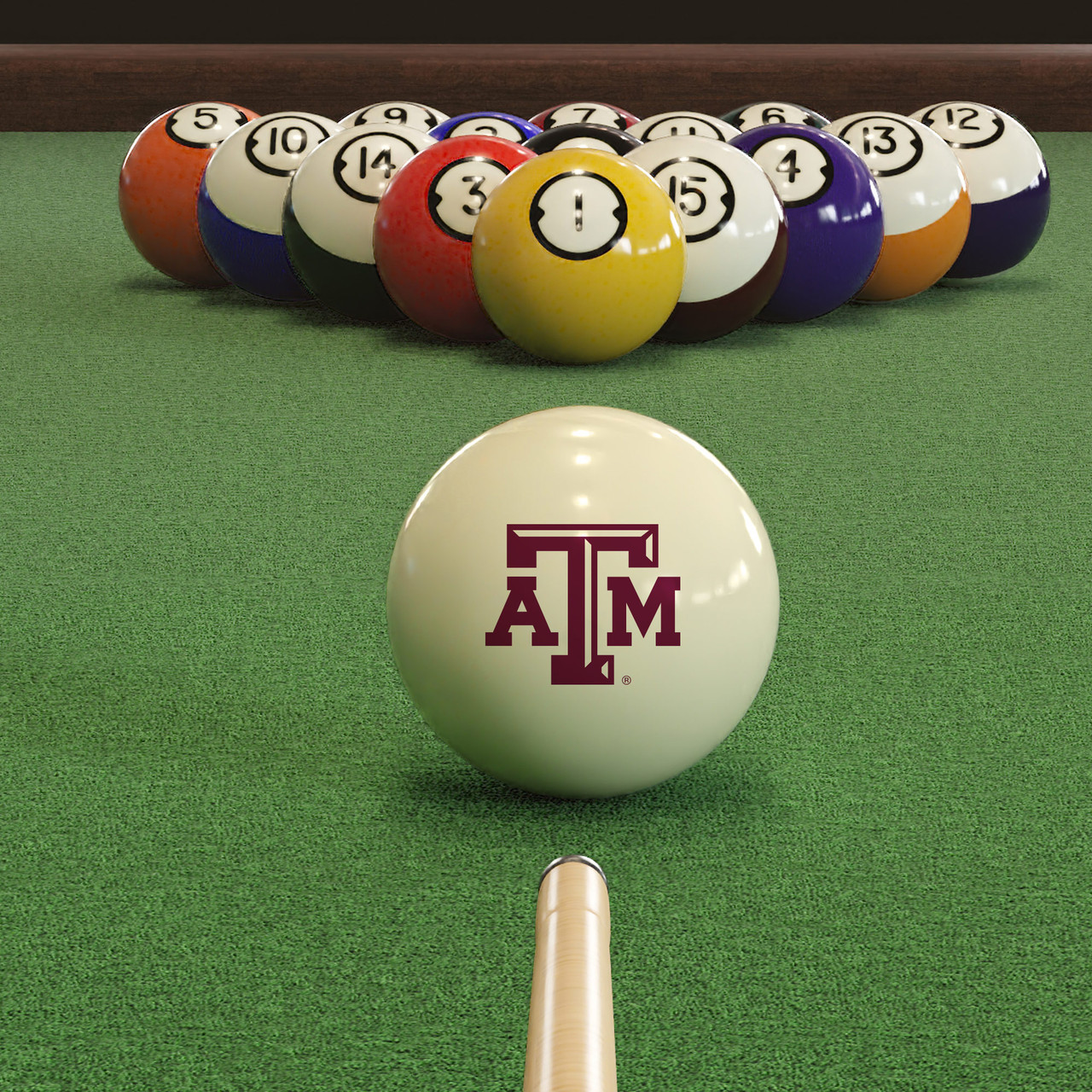 Texas A&M Aggies cue ball positioned on green pool table felt in front of a racked set of billiard balls, featuring the maroon Texas A&M ATM logo with a pool cue lined up for the break.