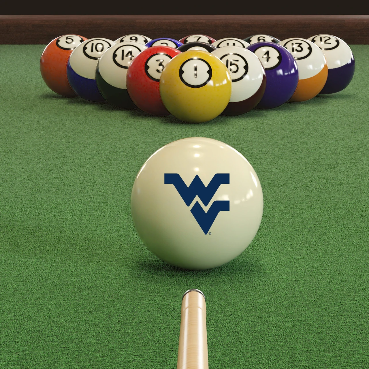West Virginia Mountaineers cue ball positioned on green pool table felt in front of a racked set of billiard balls, featuring the navy blue Flying WV logo with a pool cue lined up for the break.