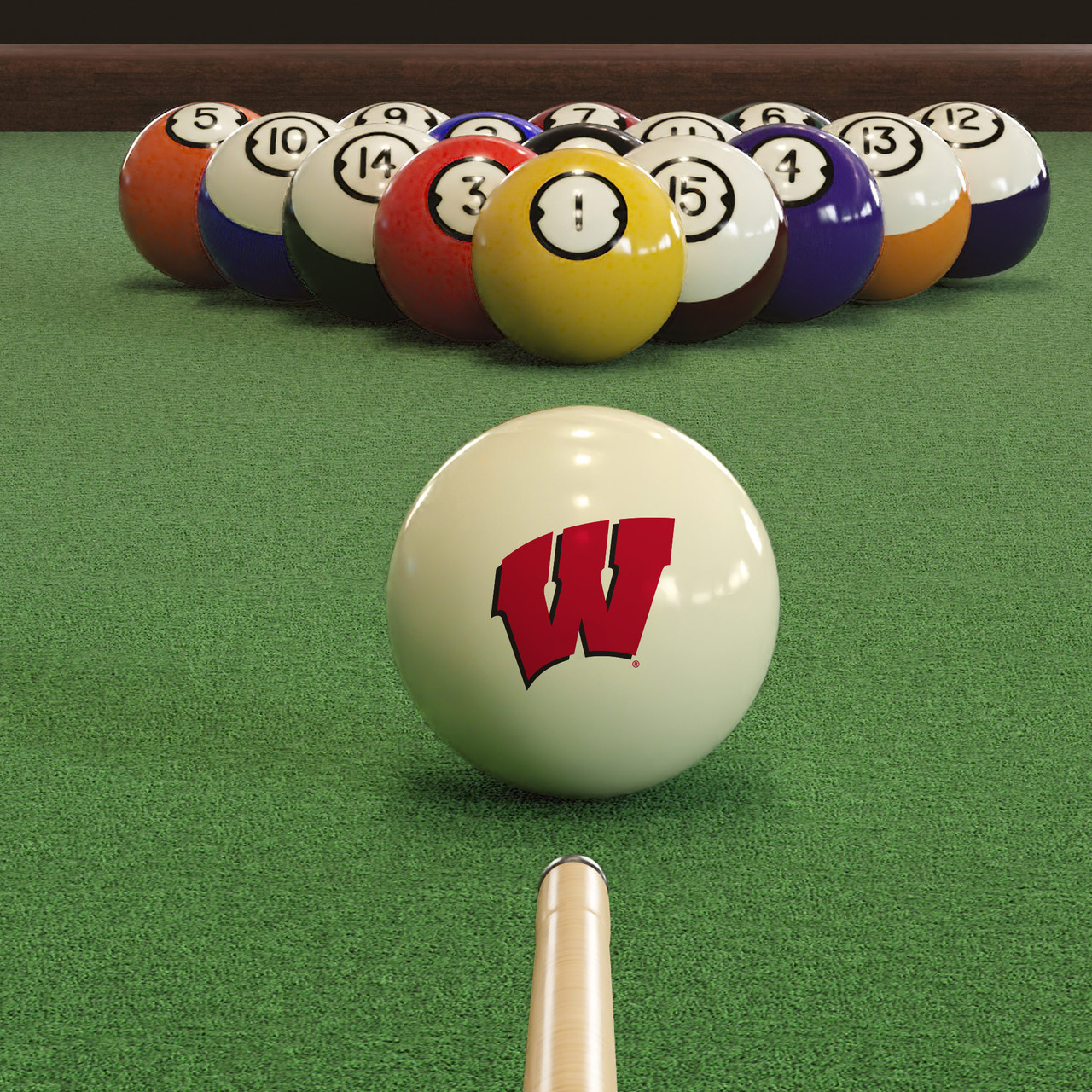 Wisconsin Badgers cue ball positioned on green pool table felt in front of a racked set of billiard balls, featuring the red Wisconsin Motion W logo with a pool cue lined up for the break.