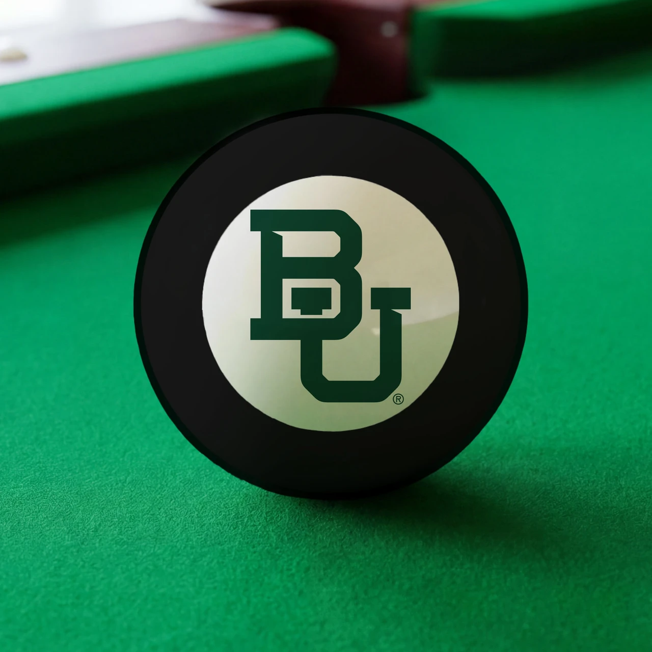 Baylor Bears Eight Ball displayed on green pool table felt, featuring the green and gold interlocking BU logo inside the white center circle of a classic black billiard Eight Ball.