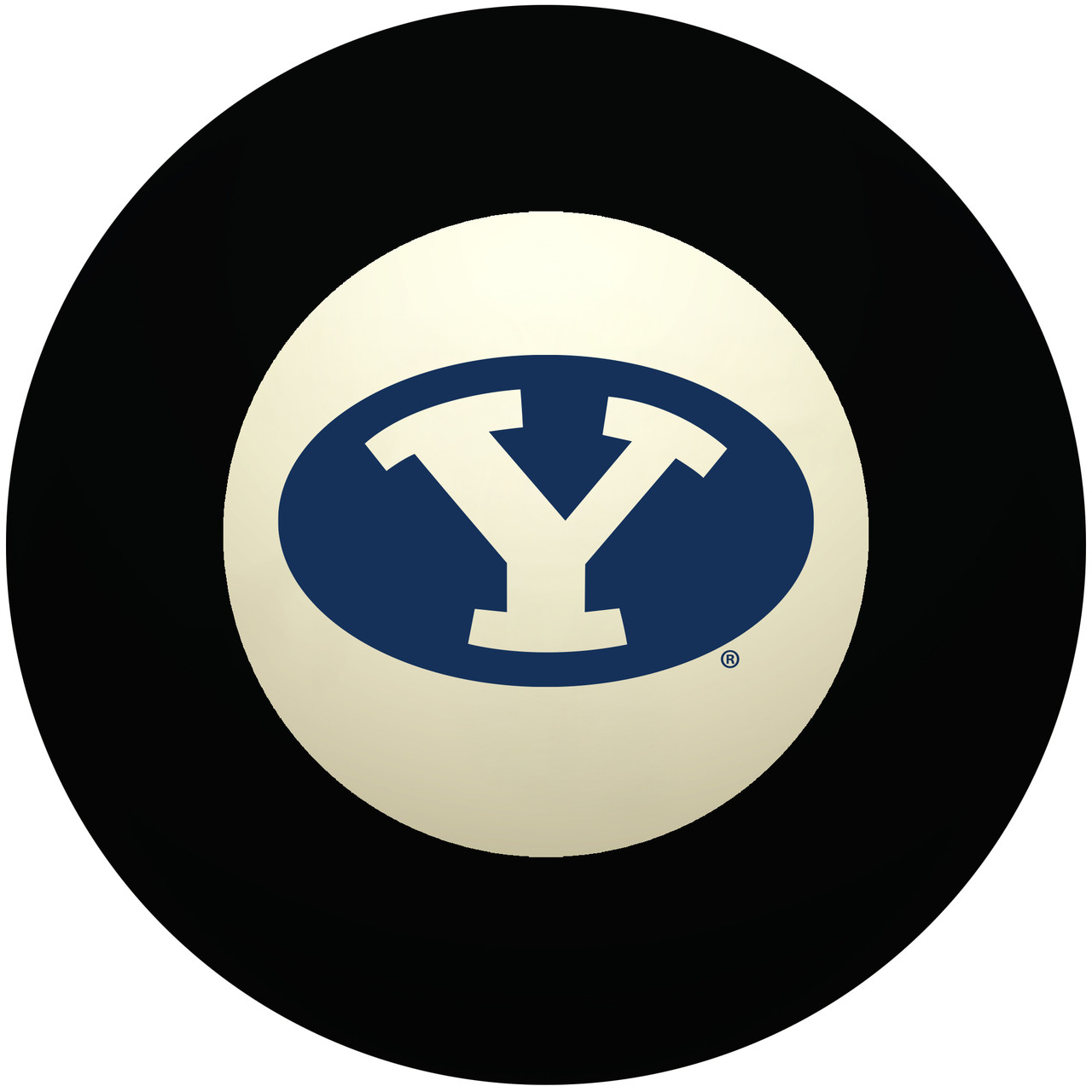 BYU Cougars Eight Ball featuring the iconic navy blue and white Oval Y logo centered inside the traditional white circle of a classic black billiard Eight Ball on a white background.