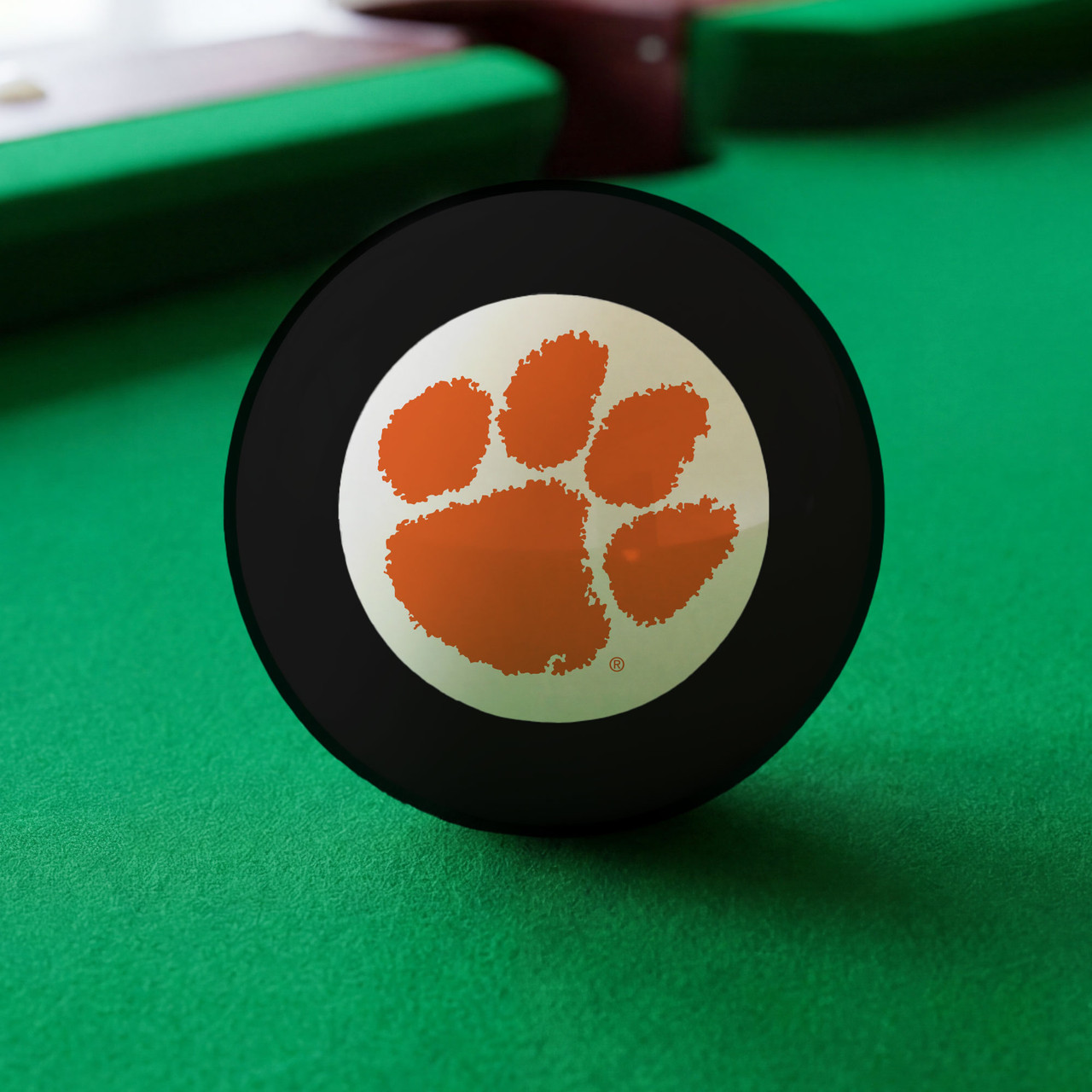Clemson Tigers Eight Ball displayed on green pool table felt, featuring the orange Clemson Tiger Paw logo inside the white center circle of a classic black billiard Eight Ball.