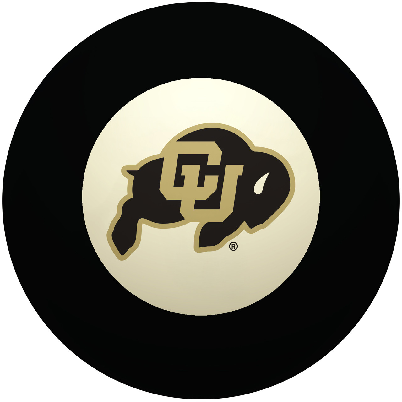 Colorado Buffaloes Eight Ball featuring the black and gold CU Buffalo logo centered inside the traditional white circle of a classic black billiard Eight Ball on a white background.
