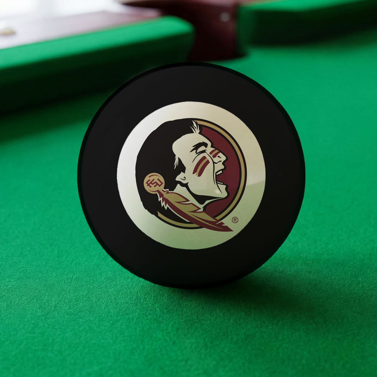 Florida State Seminoles Eight Ball displayed on green pool table felt, featuring the Florida State Seminoles logo inside the white center circle of a classic black billiard Eight Ball.