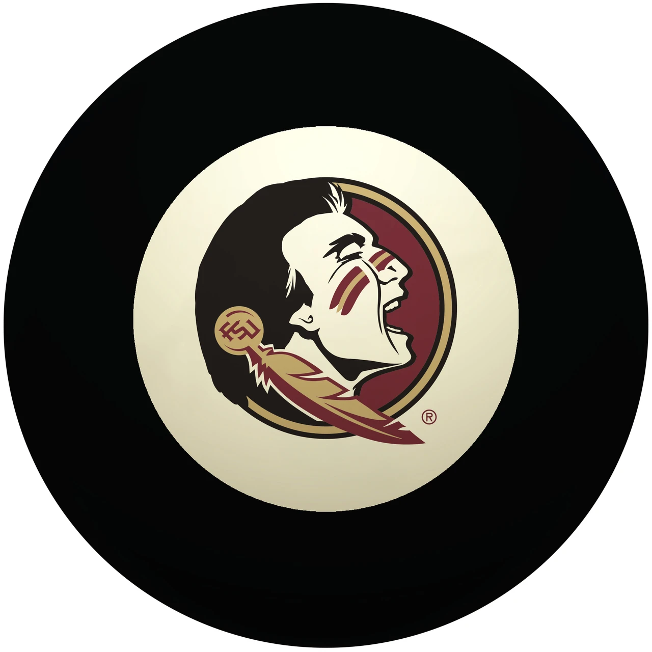 Florida State Seminoles Eight Ball featuring the iconic Seminoles logo in garnet, gold, black, and white centered inside the traditional white circle of a classic black billiard Eight Ball on a white background.