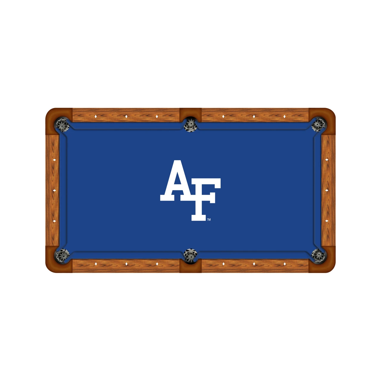 Top-down product view of Air Force Falcons logo billiard cloth displayed on a traditional wood-rail pool table. The deep blue playing surface features a large white Air Force AF logo centered on the billiard cloth.

