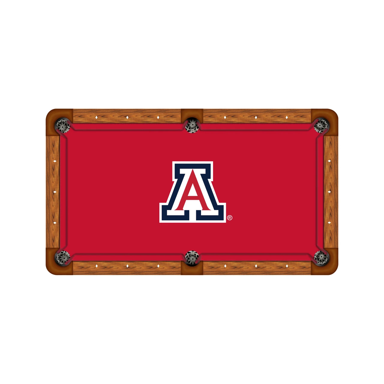 Top-down product view of Arizona Wildcats red logo billiard cloth installed on a traditional wood-rail pool table. The bright red playing surface features the Arizona Wildcats block A logo in red, white, and navy centered on the table.
