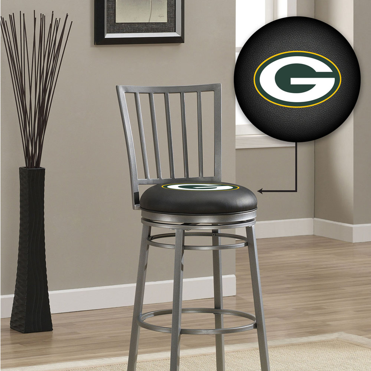 720801113197, 666-1001, Green, Bay, Packers, GB, Gray, Pewter, Swivel, Bar, Stool, Back, Imperial