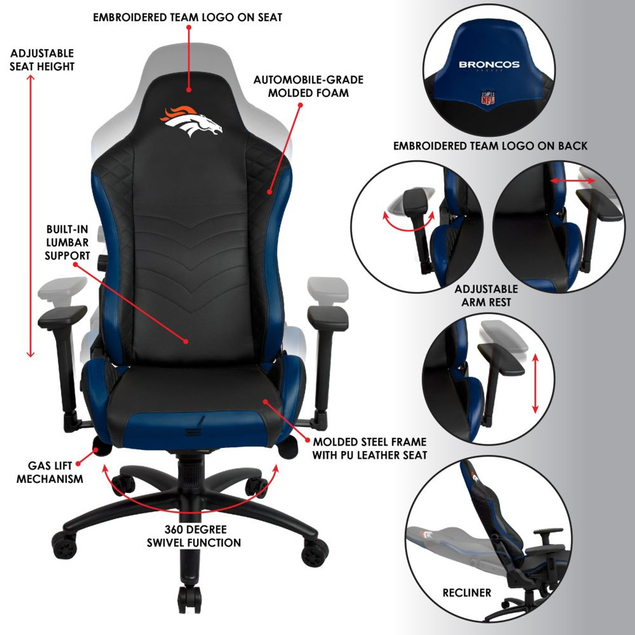 Denver, Broncos, React, Pro, Series, Gaming, Chair, 620-1003, DEN, NFL, Imperial, 720801620039
