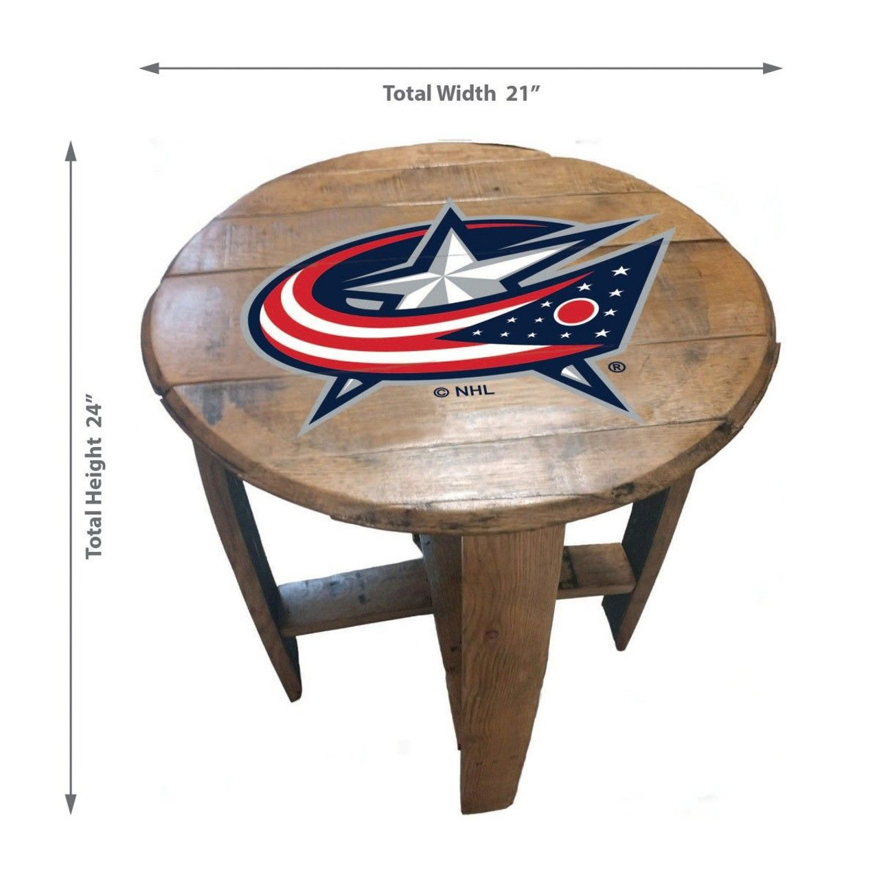 629-4019, Columbus, COL, Blue, Jackets, Oak, Whiskey, Bourbon, Barrel, Side, Table, FREE SHIPPING, NHL. Imperial