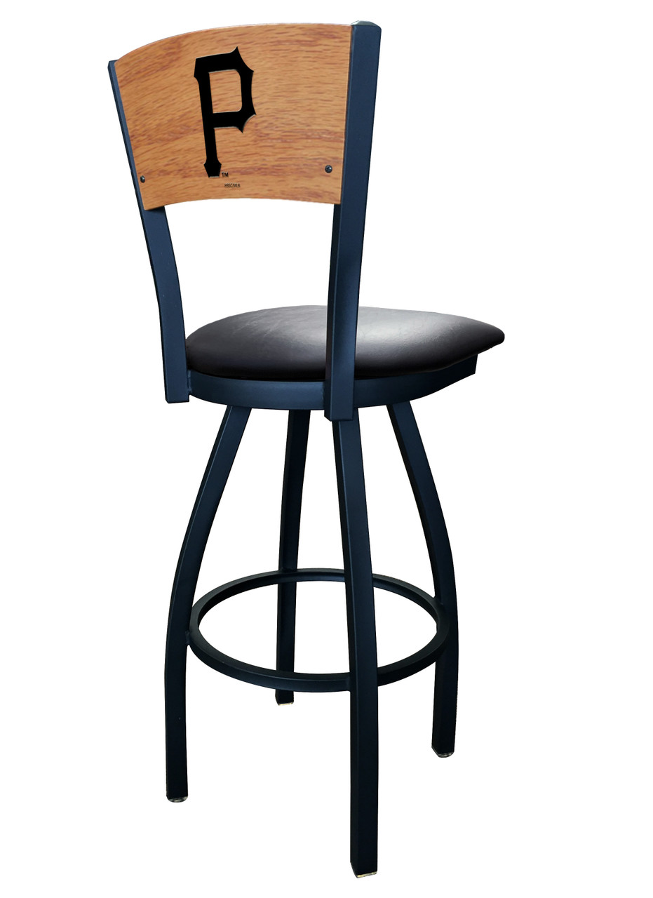 Pittsburgh, Pirates, L038, Laser, Engraved, Wood, Back, Counter, Bar, Stool, Black, Vinyl, Seat, Holland Bar Stool, L03825MedMplAMLBPitBlkVinyl, 071235077044, L03830BWMedMplAMLBPitBlkVinyl, 071235084462, L03836BWMedMplAMLBPitBlkVinyl, 071235085148, PIT