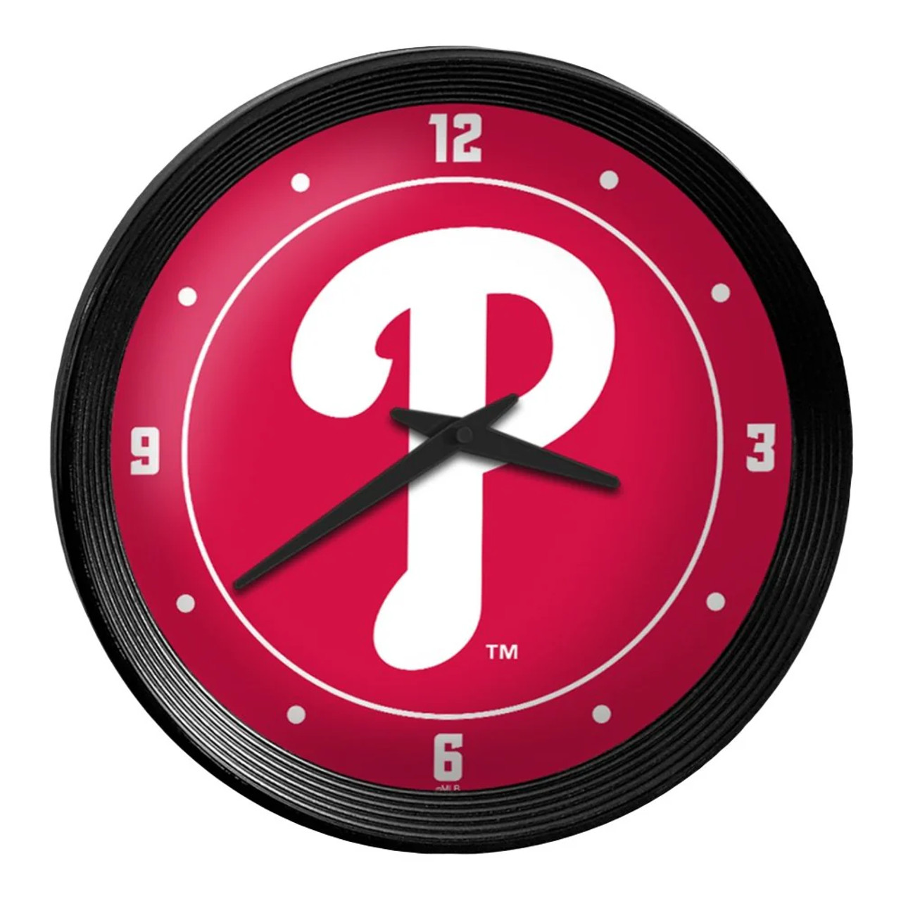15", Philadelphia, PA, Phillies, Man Cave, Logo, Ribbed, Frame, Wall, Clock, Battery, Operated, MLB, MBPHIL-530-02