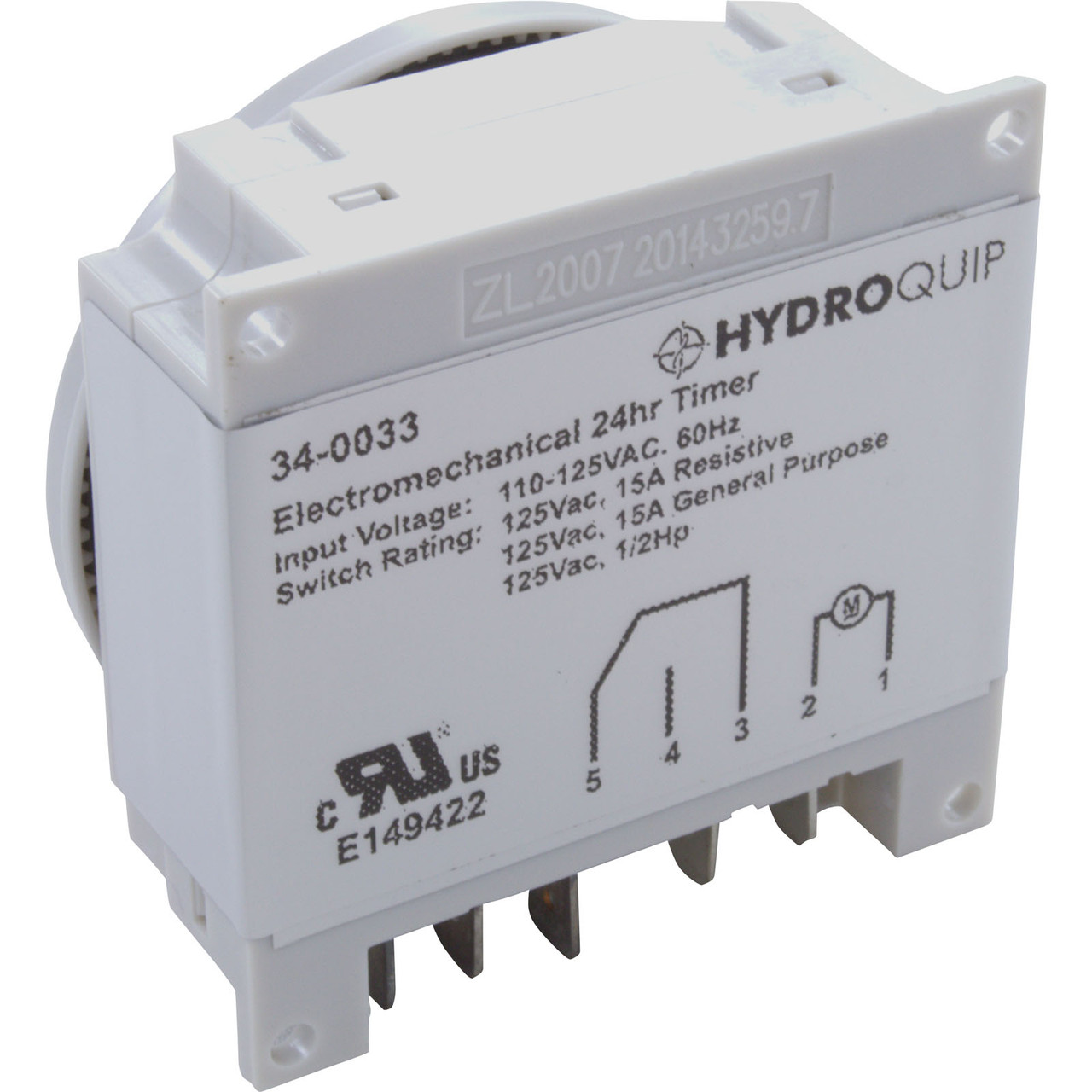 Grasslin/HydroQuip Timer Replacement, SPDT, Panel Mount, 115v, w/override, 24hr - FM/1STUZH-120V, 34-0033-K