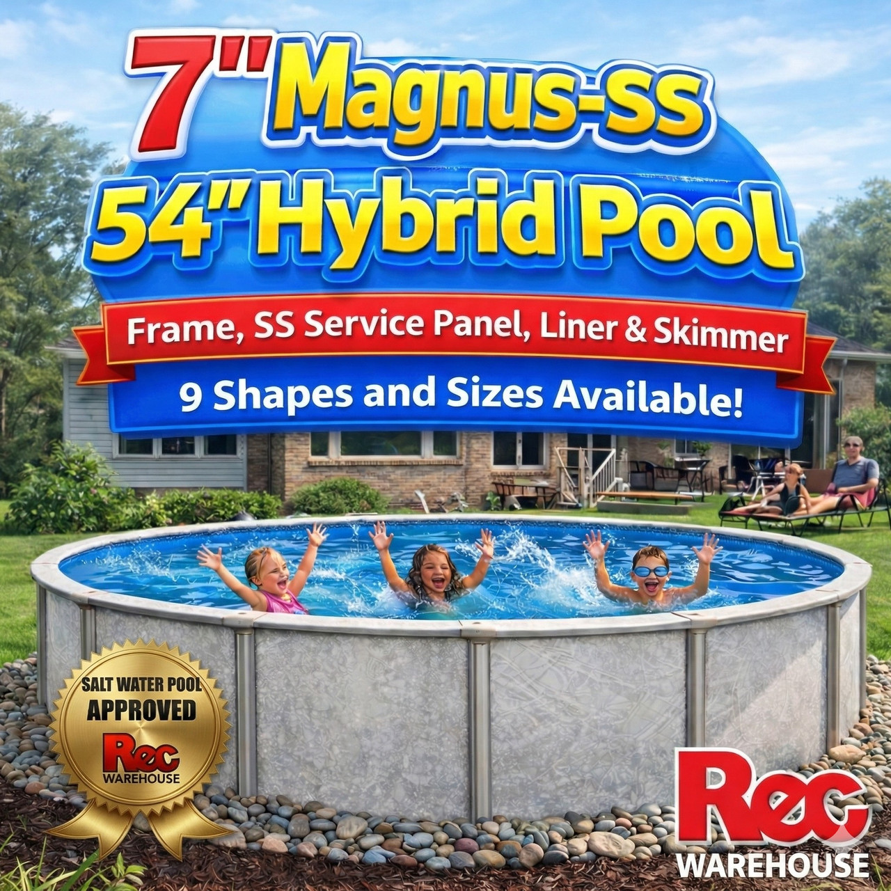 7" Magnus-SS 54" Hybrid Frame, SS Service Panel, Liner and Skimmer, 9 Sizes Available, FREE SHIPPING