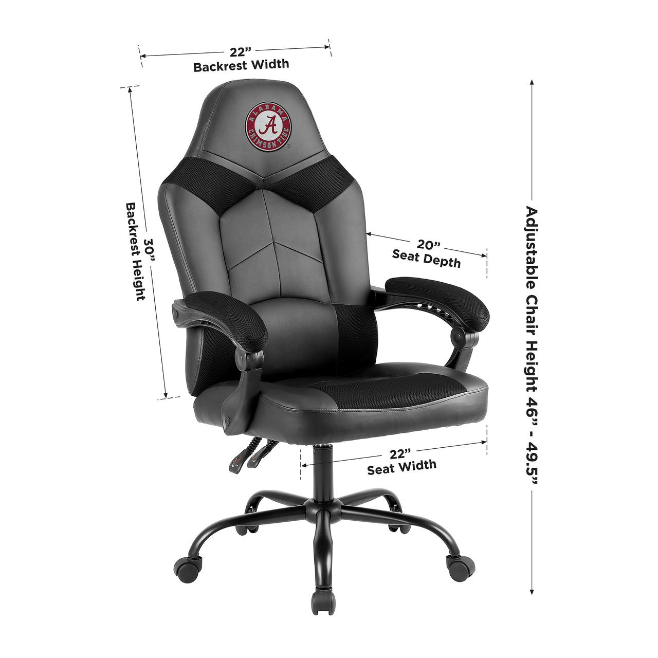 Alabama Crimson Tide oversized office chair with product dimensions shown