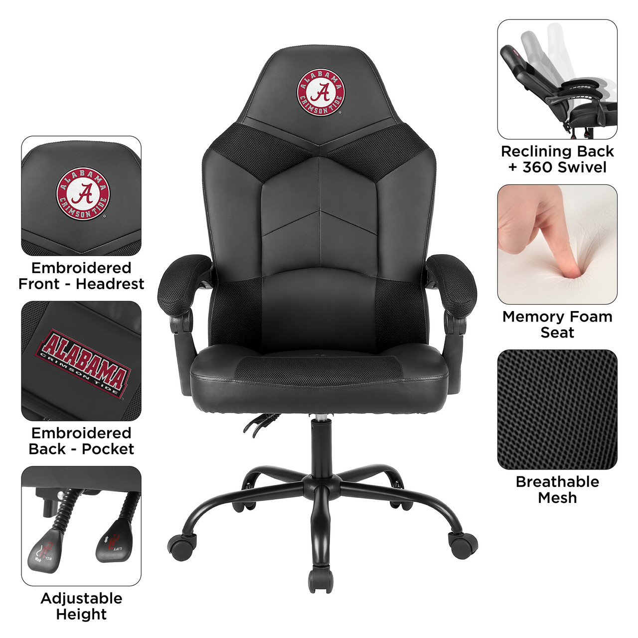 Alabama Crimson Tide oversized office chair feature image showing padded seat, armrests, headrest logo, and rolling base