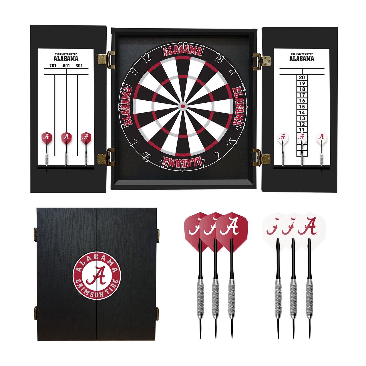Alabama Crimson Tide Fan's Choice dartboard set with cabinet, bristle dartboard, scoreboard, and six darts