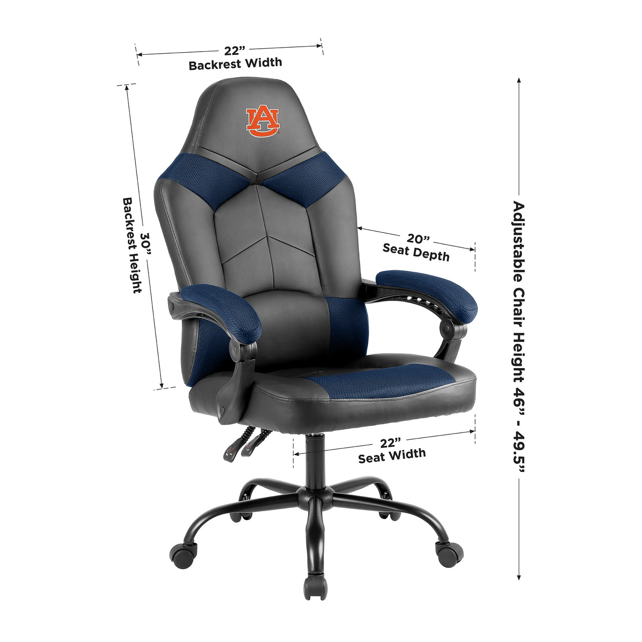 Alabama Crimson Tide oversized office chair with product dimensions and adjustable height details