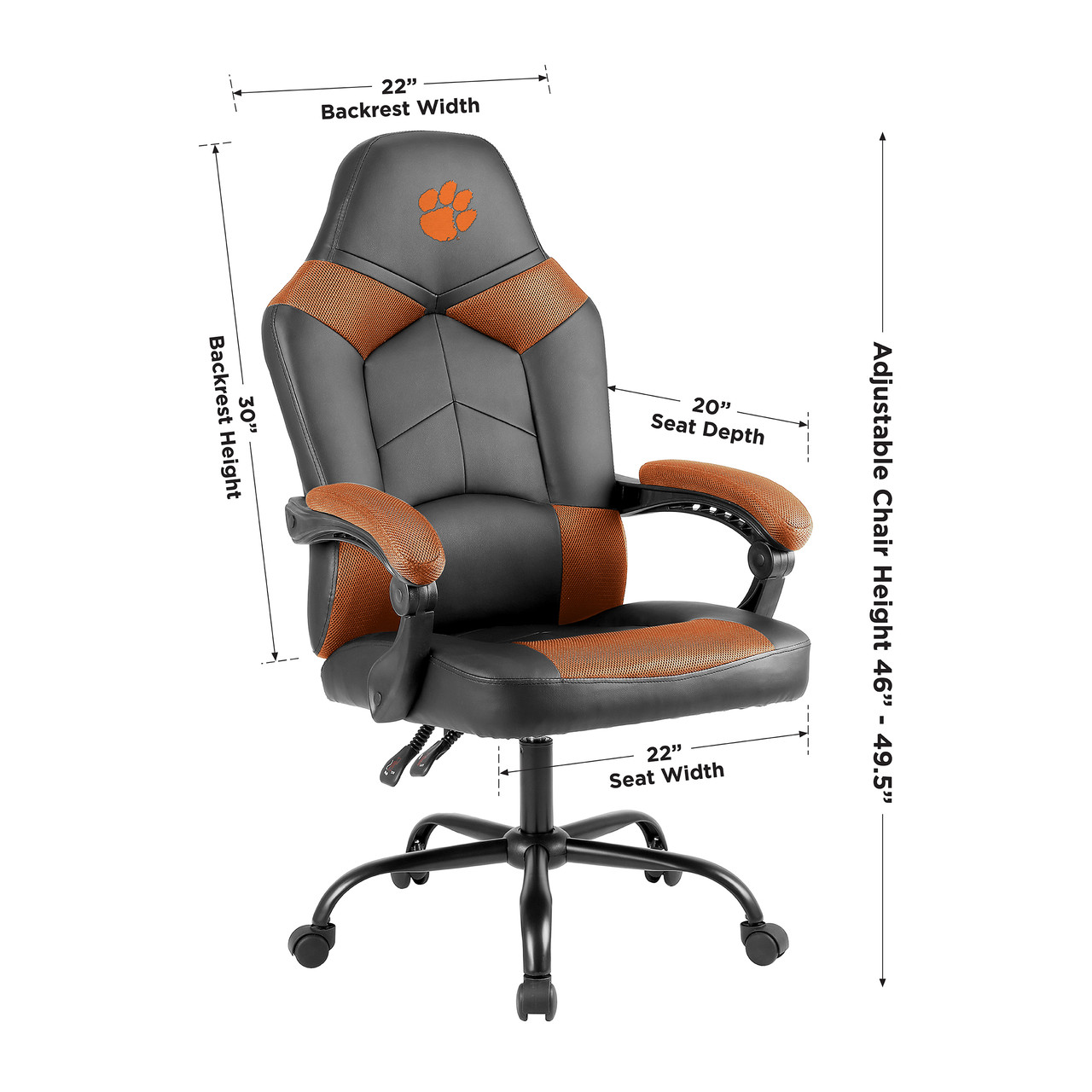Clemson Tigers oversized office chair with product dimensions and adjustable height details