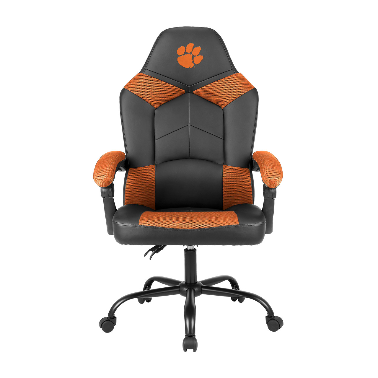 Front view of the Clemson Tigers oversized office chair with padded arms, rolling base, and embroidered team logo