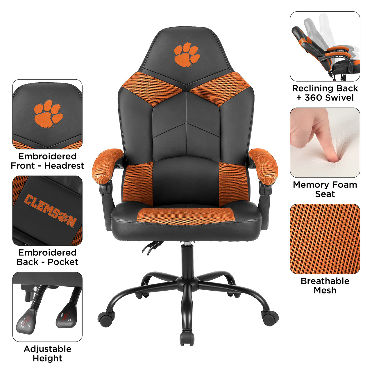 Clemson Tigers oversized office chair feature image showing padded arms, headrest, storage pouch, rolling casters, and orange and black upholstery