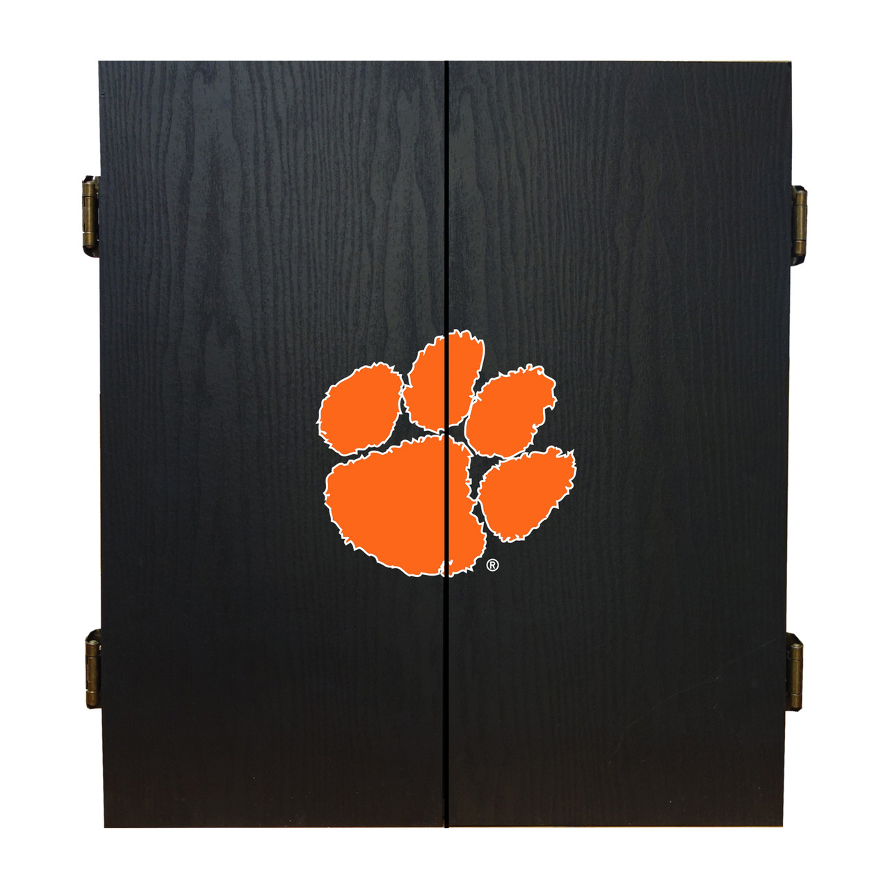 Closed Clemson Tigers dartboard cabinet with black finish and orange Clemson paw logo on the front