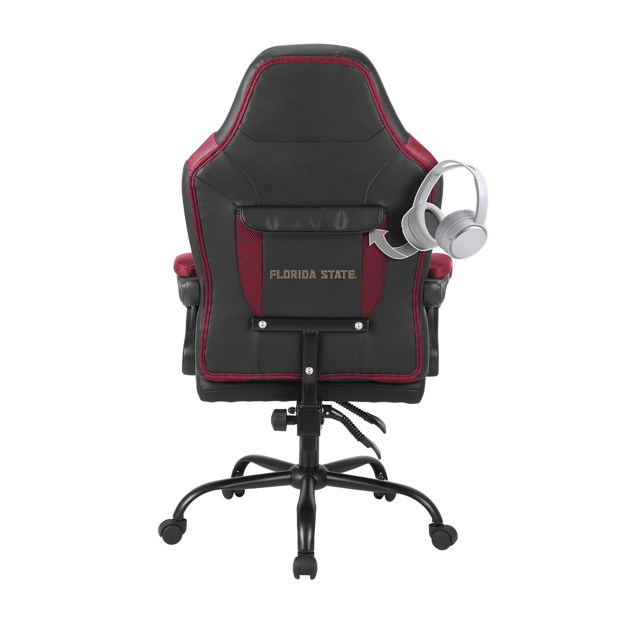 Rear view of the Florida State Seminoles oversized office chair showing the back storage pouch and embroidered team logo
