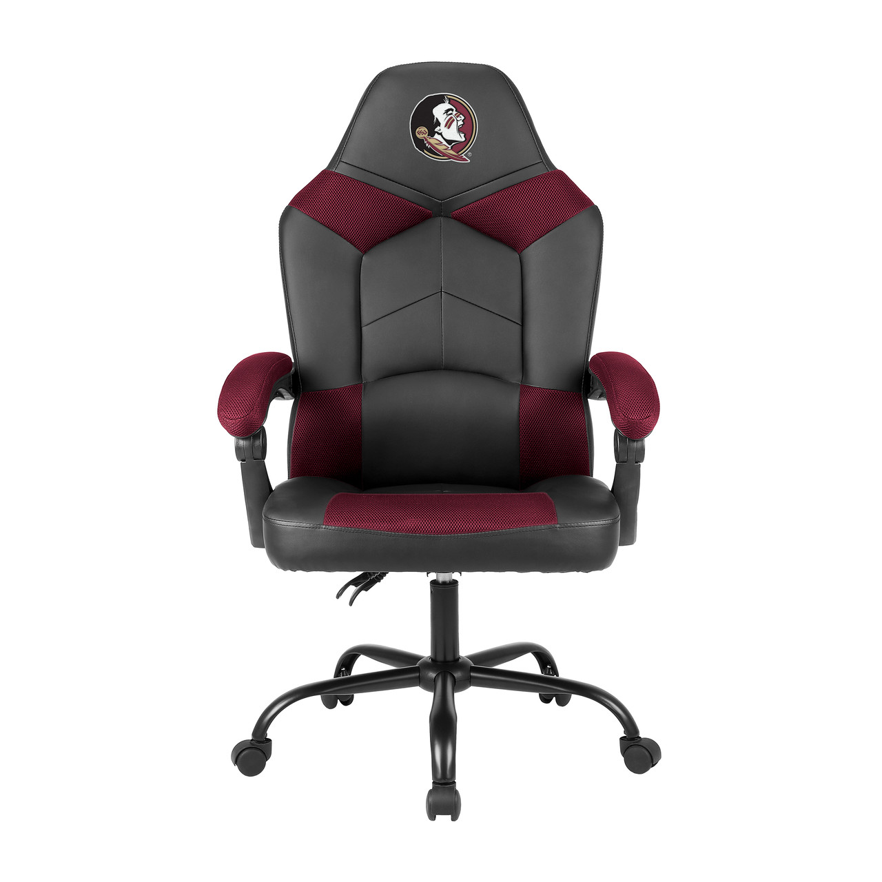 Front view of the Florida State Seminoles oversized burgundy office chair with padded arms, rolling base, and embroidered team logo