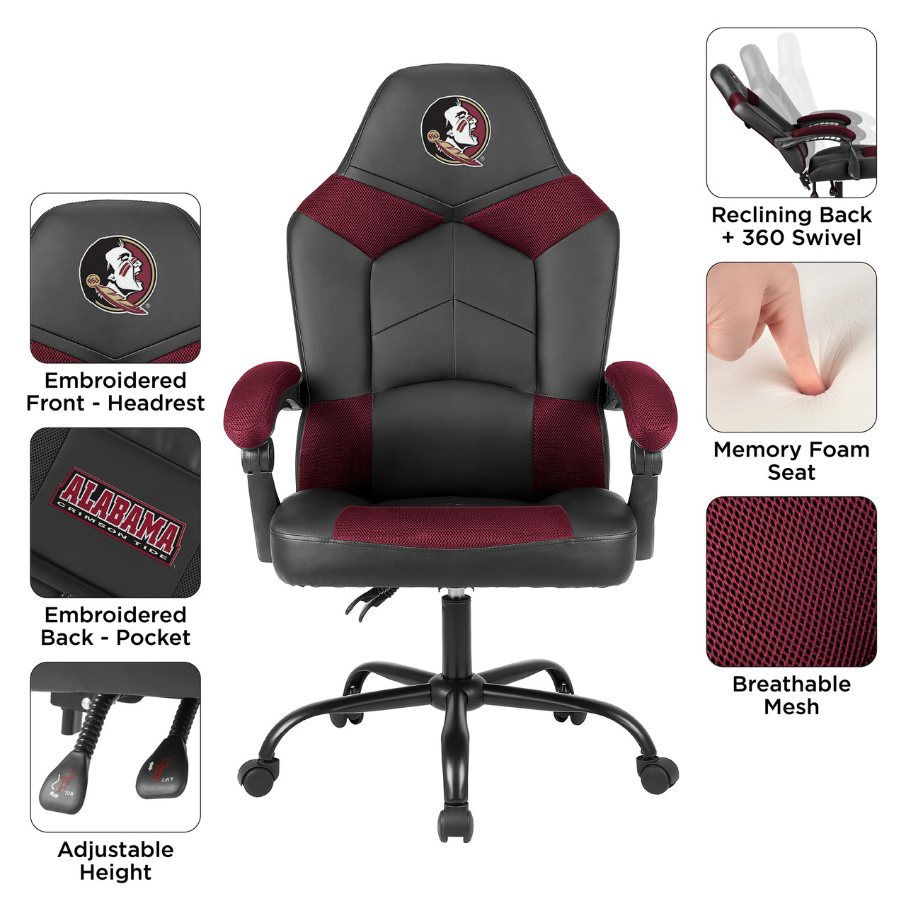 Florida State Seminoles oversized office chair feature image showing padded arms, headrest, storage pouch, rolling casters, and burgundy and black upholstery