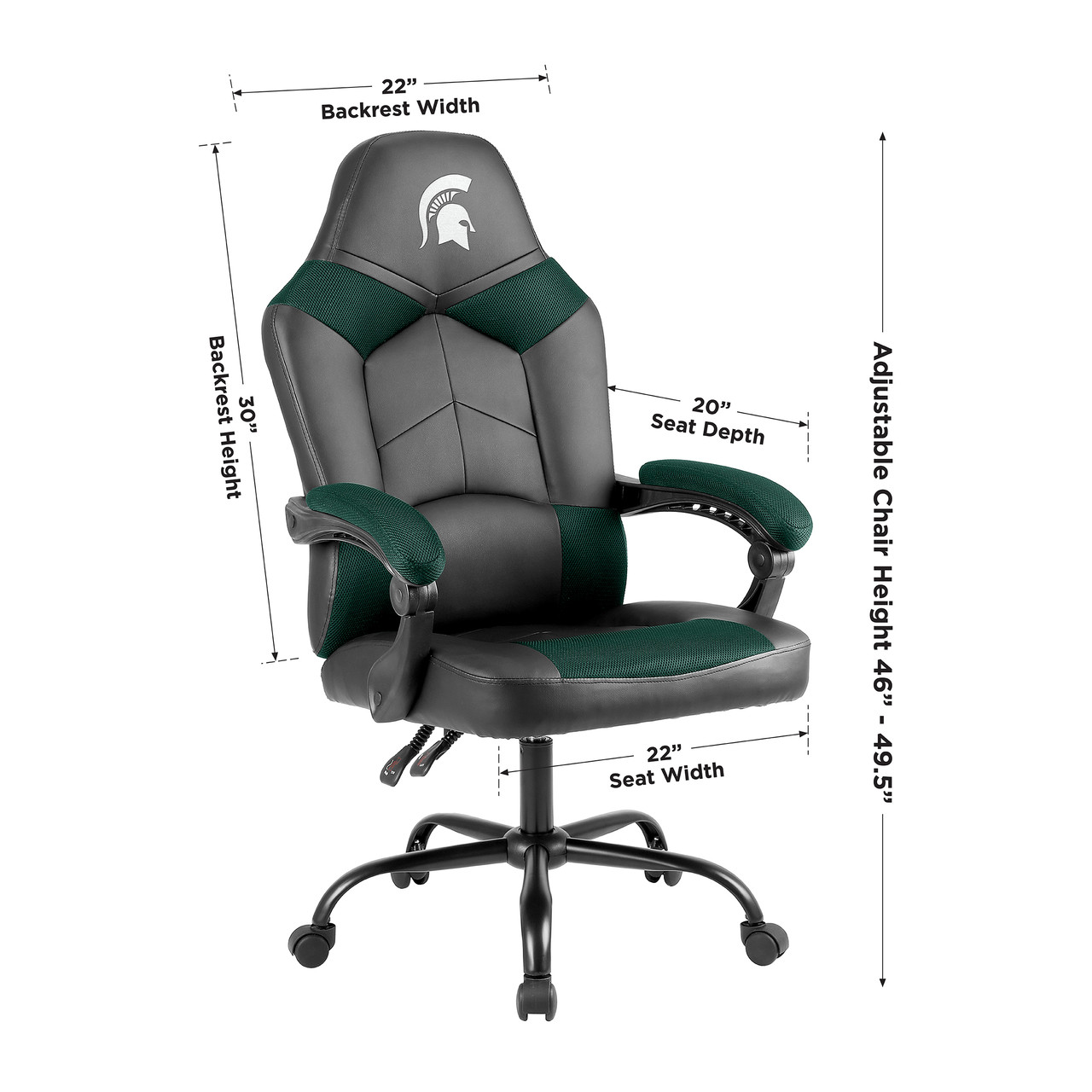 Michigan State Spartans oversized green gaming chair with product dimensions and adjustable height details