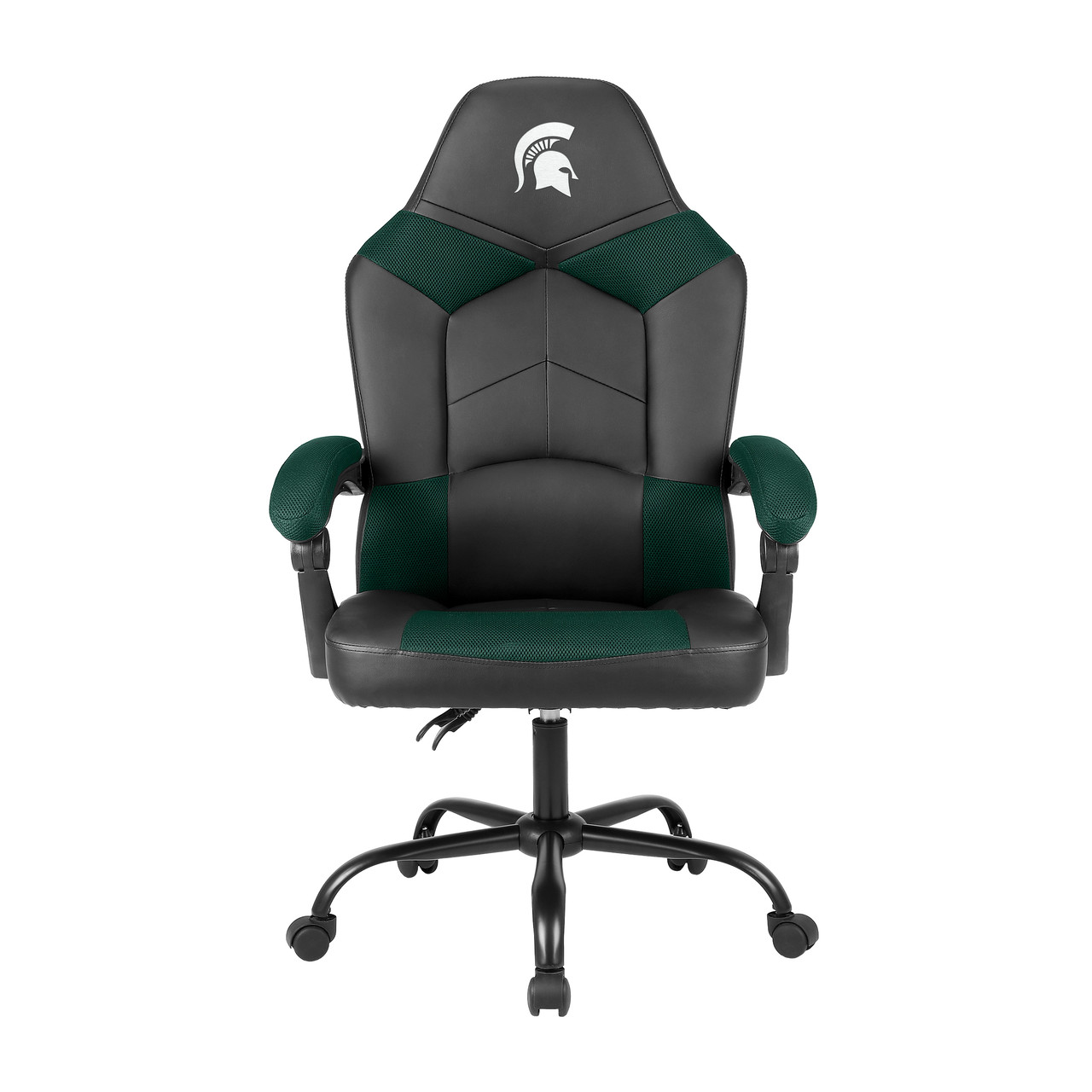 Front view of the Michigan State Spartans oversized green gaming chair with padded armrests, rolling base, and embroidered team logo