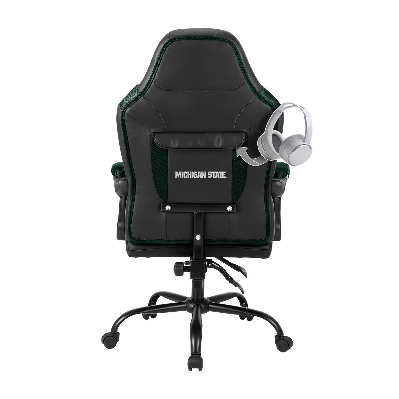 Rear view of the Michigan State Spartans oversized gaming chair showing the back storage pouch and embroidered team logo