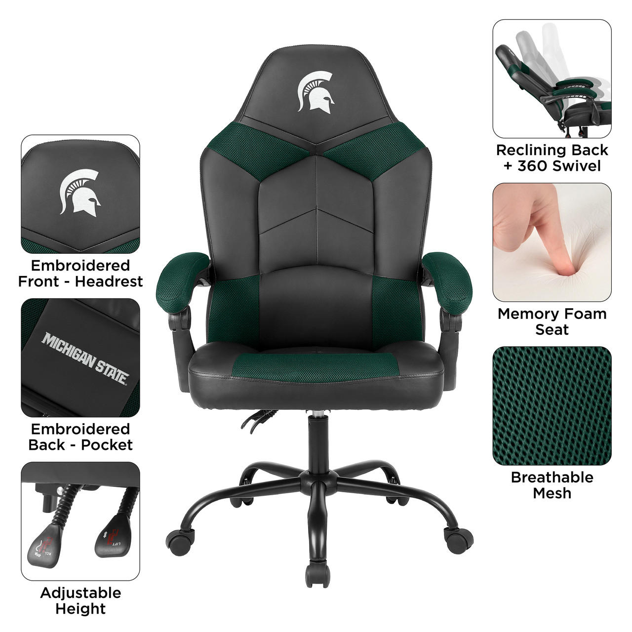 Michigan State Spartans oversized green gaming chair feature image showing padded armrests, headrest, storage pouch, rolling casters, and green and black upholstery