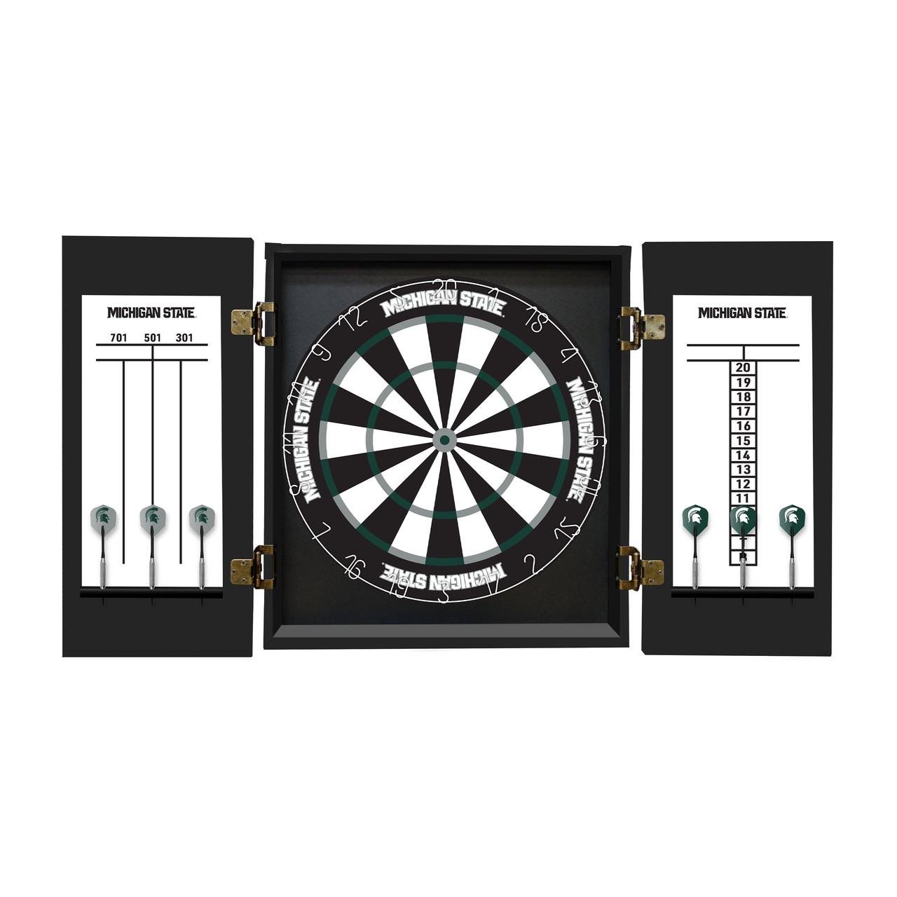 Open Michigan State Spartans dartboard cabinet showing the bristle dartboard, built-in scoreboards, and team graphics