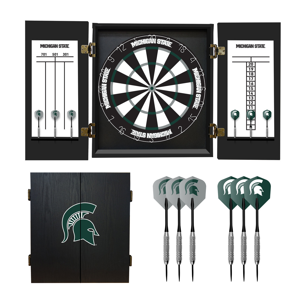 Michigan State Spartans Fan's Choice dartboard cabinet set with bristle dartboard, built-in scoreboards, closed cabinet, and team logo darts