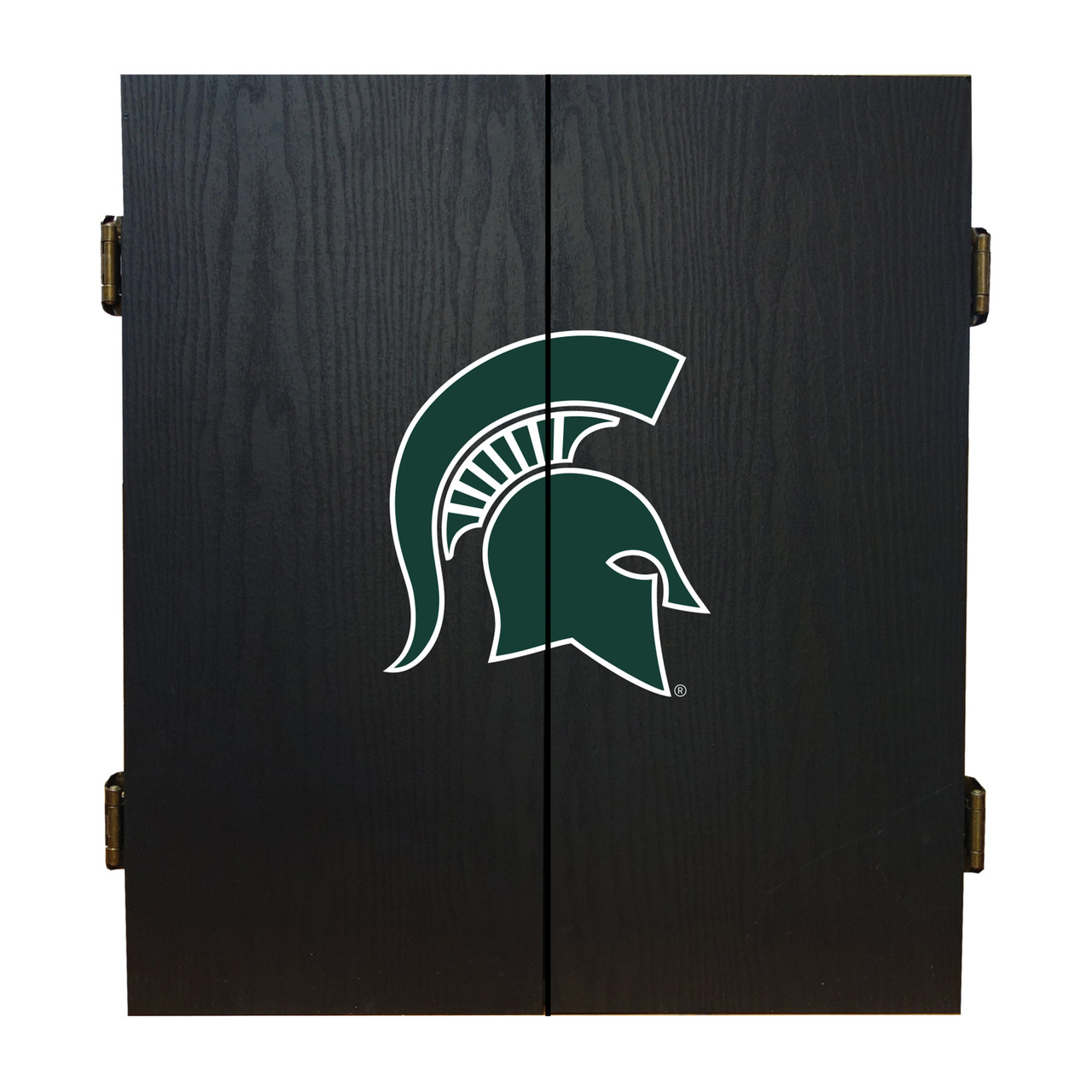 Closed Michigan State Spartans dartboard cabinet with black finish and green Spartans team logo on the front