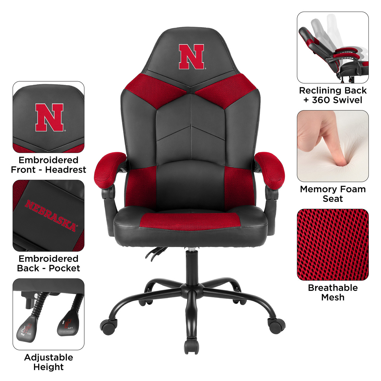 Nebraska Cornhuskers oversized gaming chair feature image showing padded armrests, headrest, storage pouch, rolling casters, and red and black upholstery